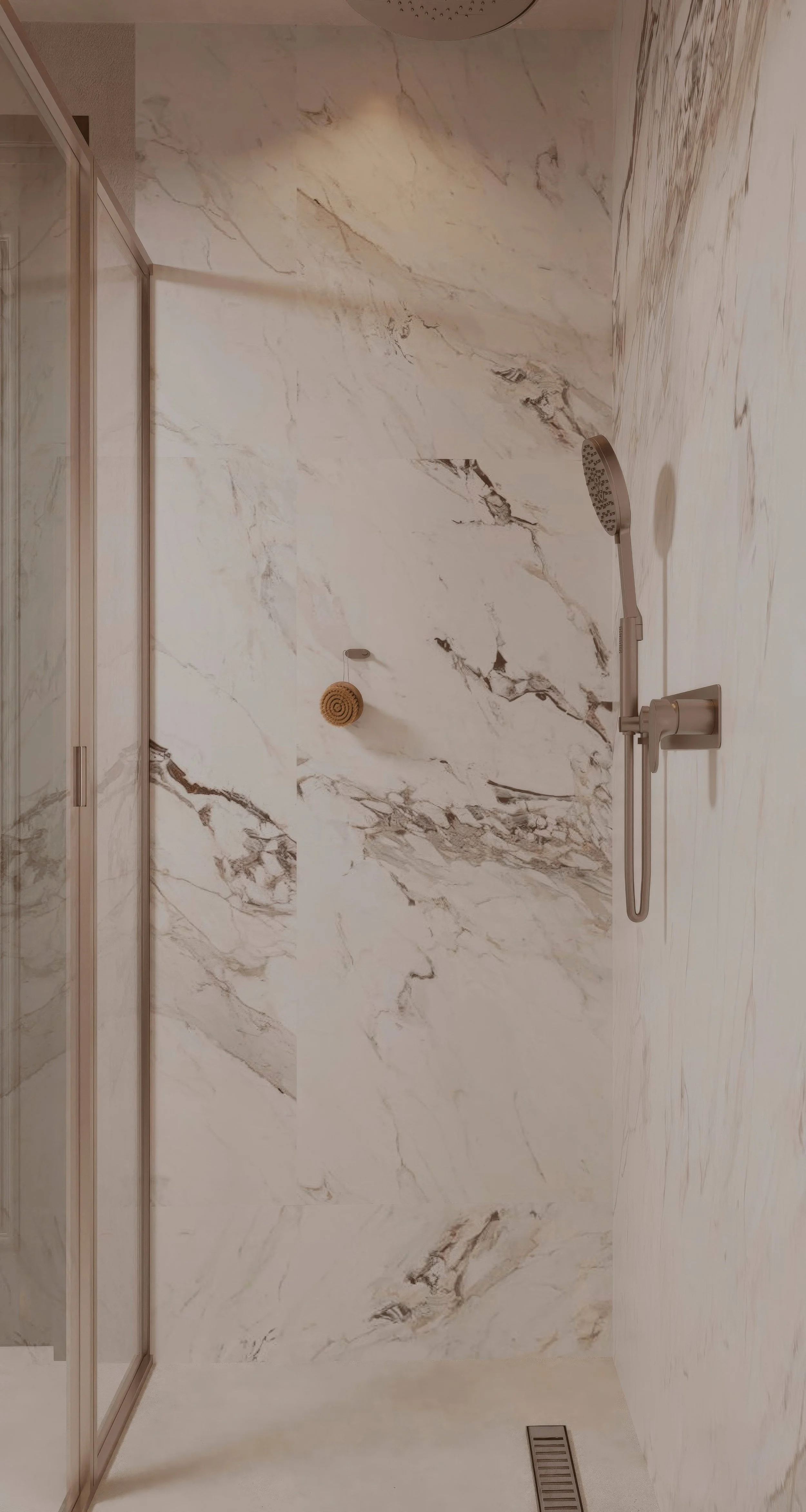 Timeless Bathroom with Marble Detailing and Classical Touches
This bathroom blends classical sophistication with contemporary comfort through the rich use of Calacatta-inspired porcelain slabs and traditional millwork accents. Full-height marble surf