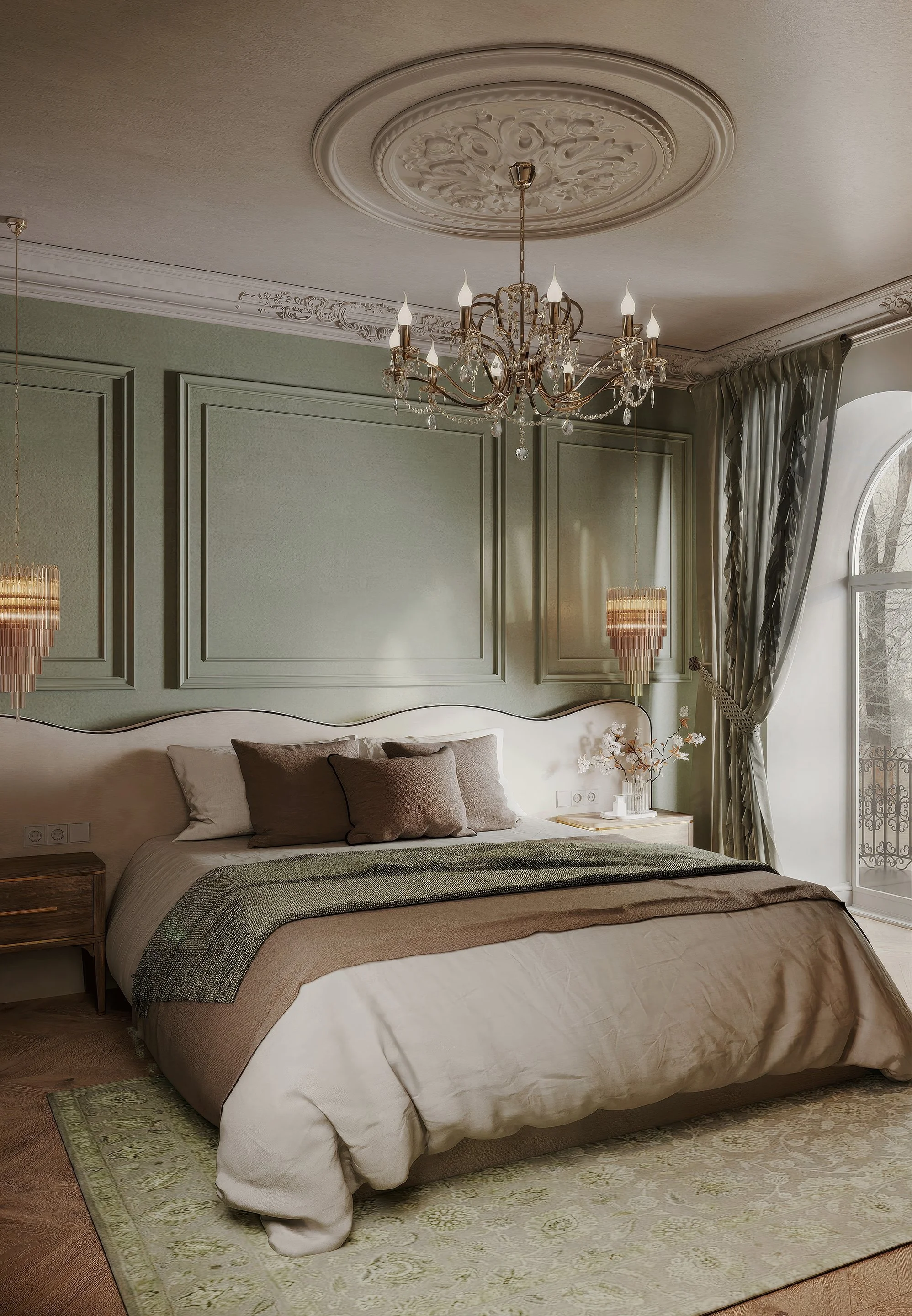 Luxury French classic bedroom in Pacific Heights, California, designed by OGKS Design, featuring paneled green walls, crystal chandelier, and elegant upholstered bedding.