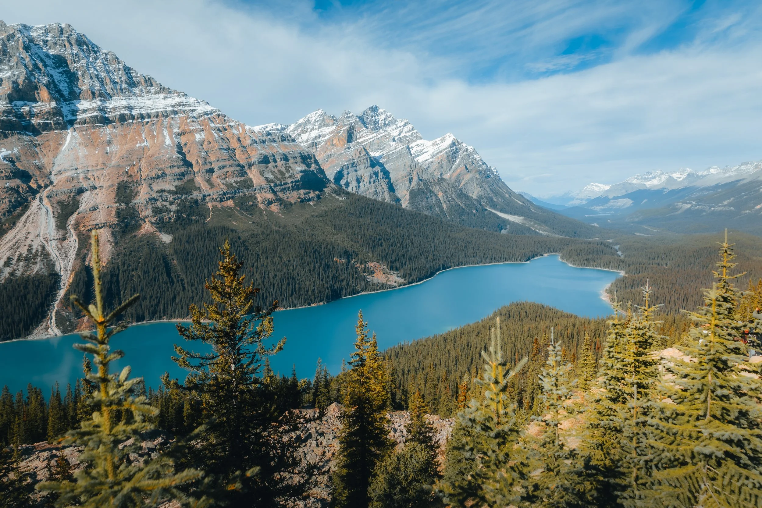 A panoramic view of a mountain landscape with snow-capped peaks, a blue lake, and evergreen forests in the foreground.