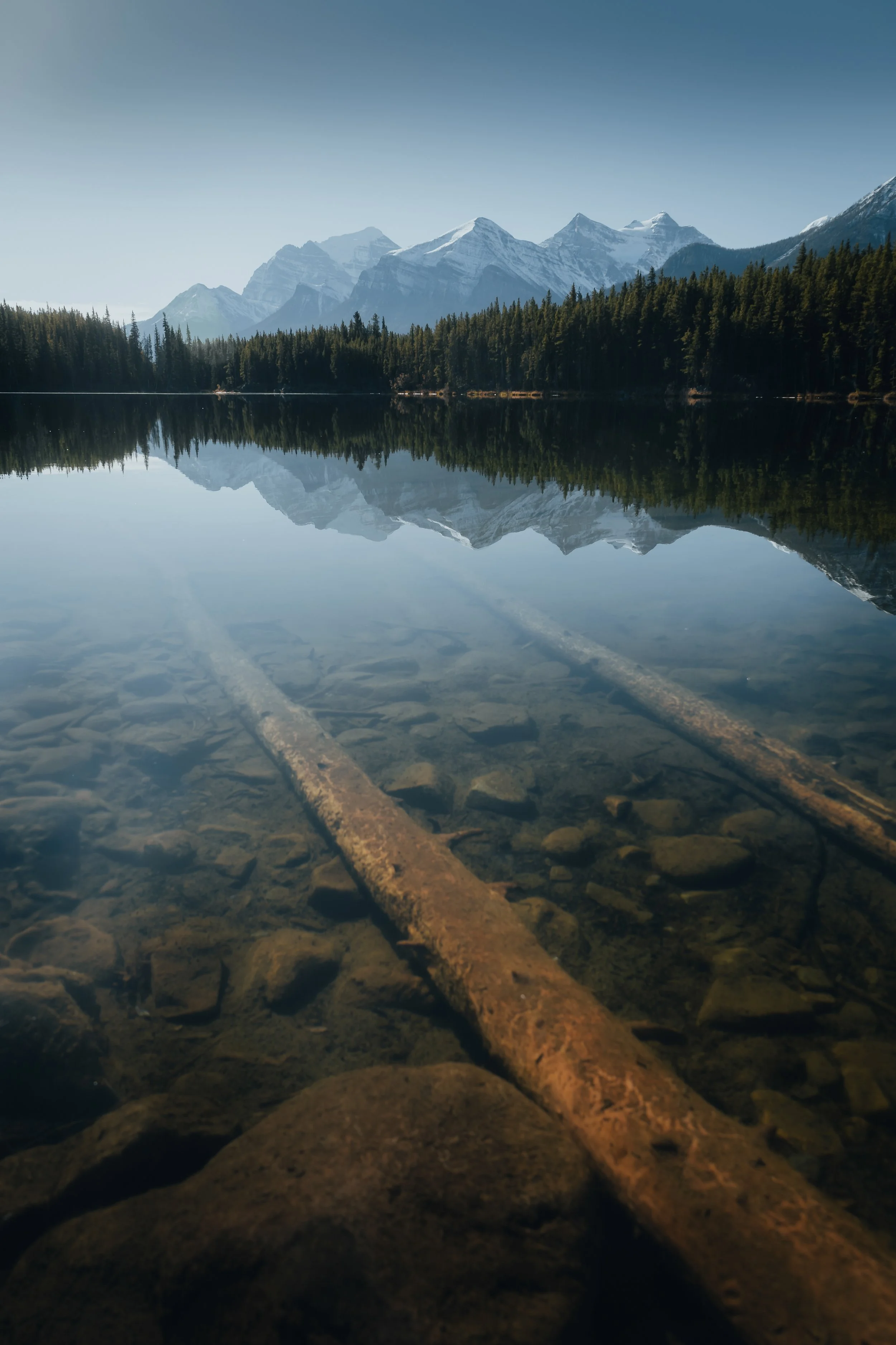Scenic landscape of snow-capped mountains reflected in a calm lake with submerged logs and rocks visible underwater.