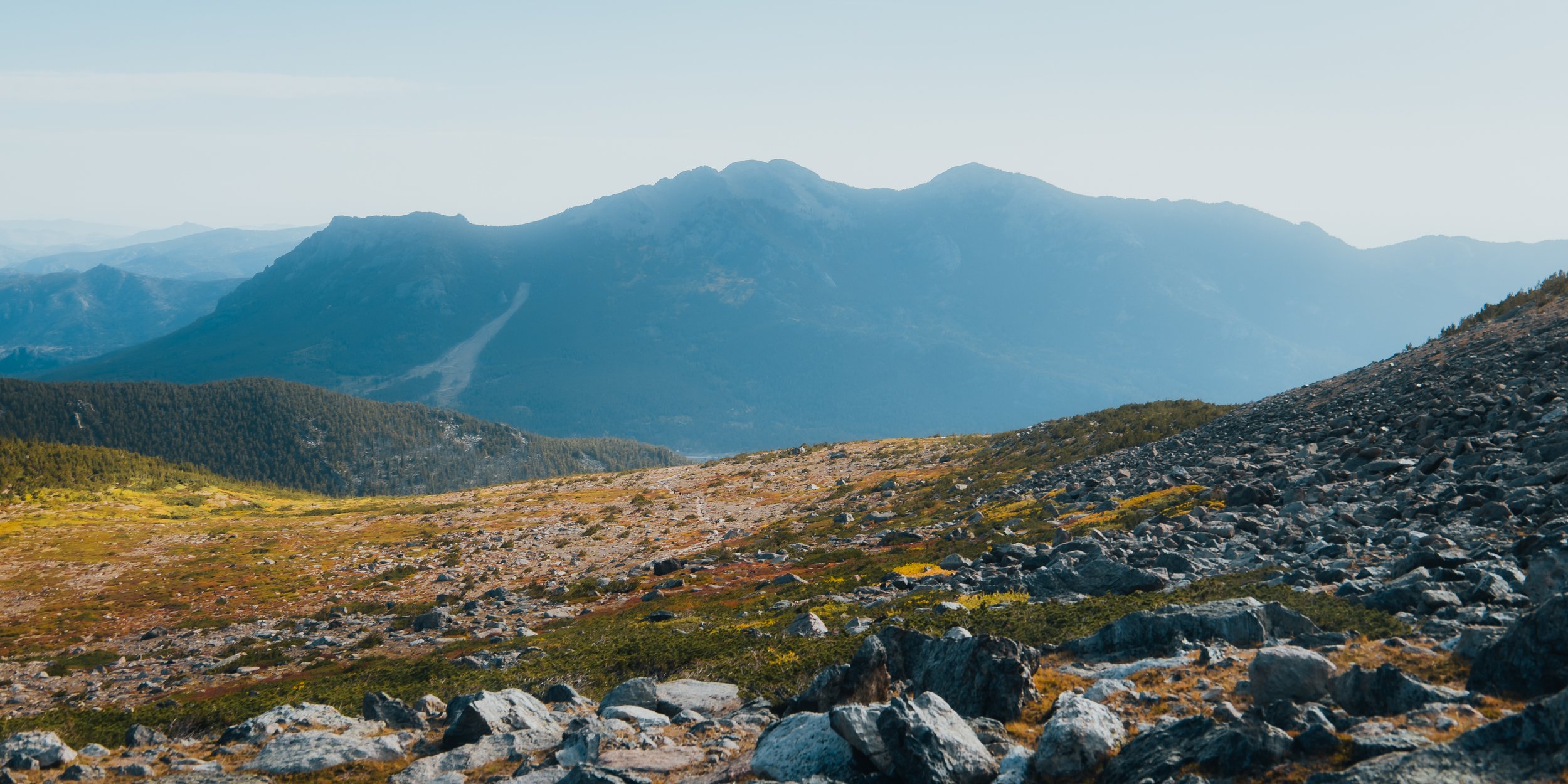 Mountain landscape with rocky foreground, green and yellow vegetation, forested slopes, and distant mountain peaks under a clear sky.