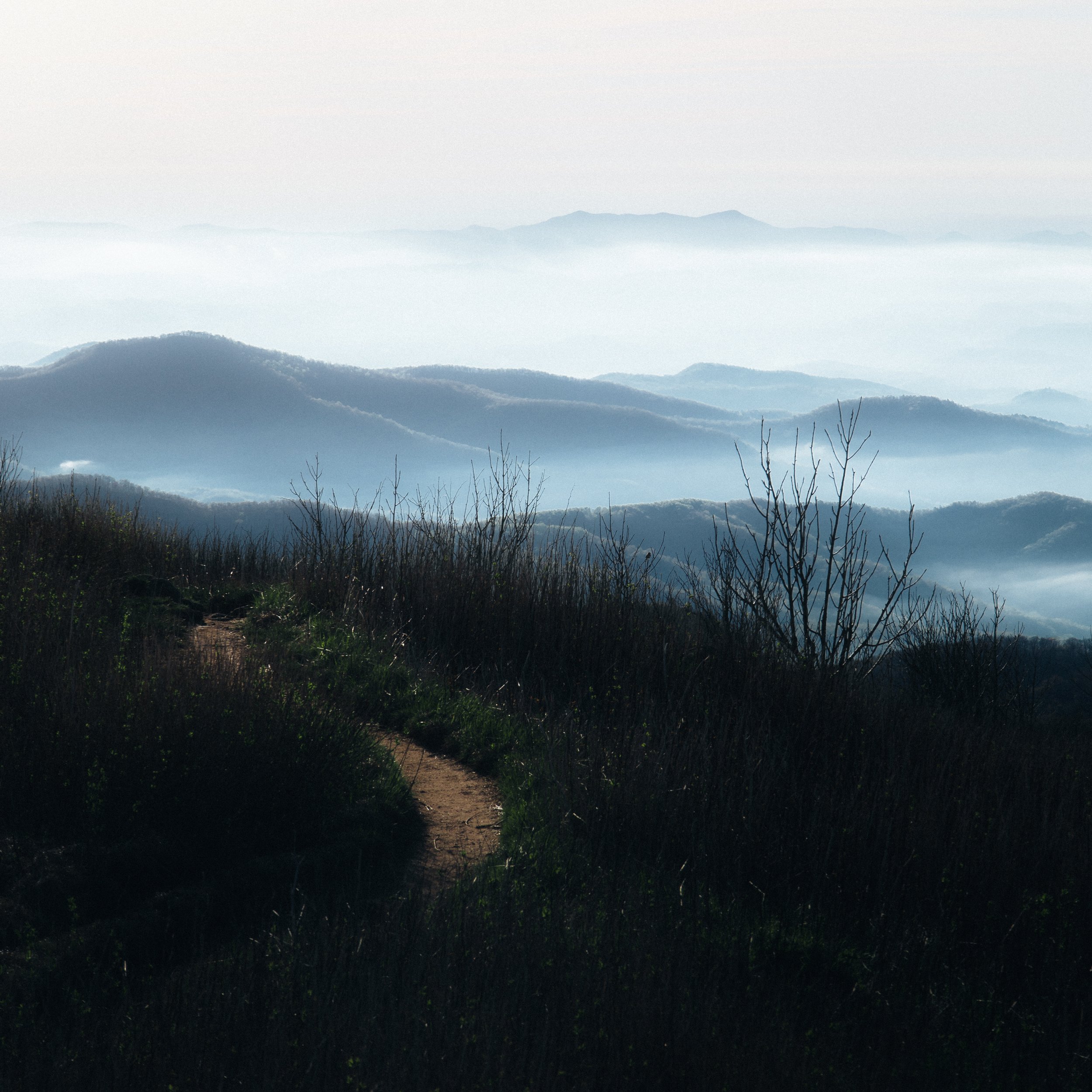 Hiking trail on a mountain with foggy layered hills in the background.