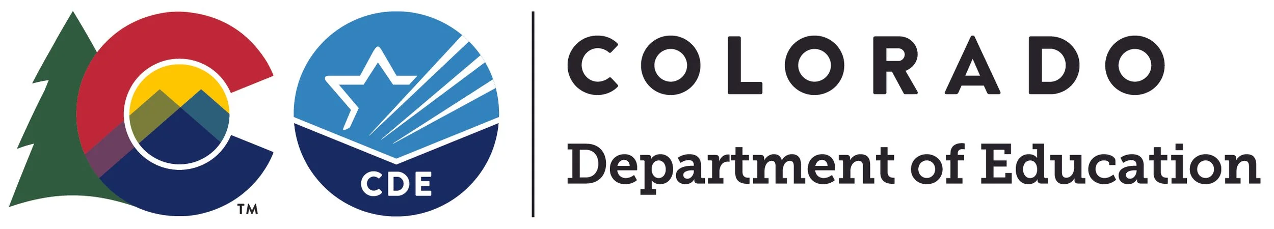 Colorado Department of Education logo featuring a stylized tree, the letter C with mountain design, a star, and text 'Colorado Department of Education'.