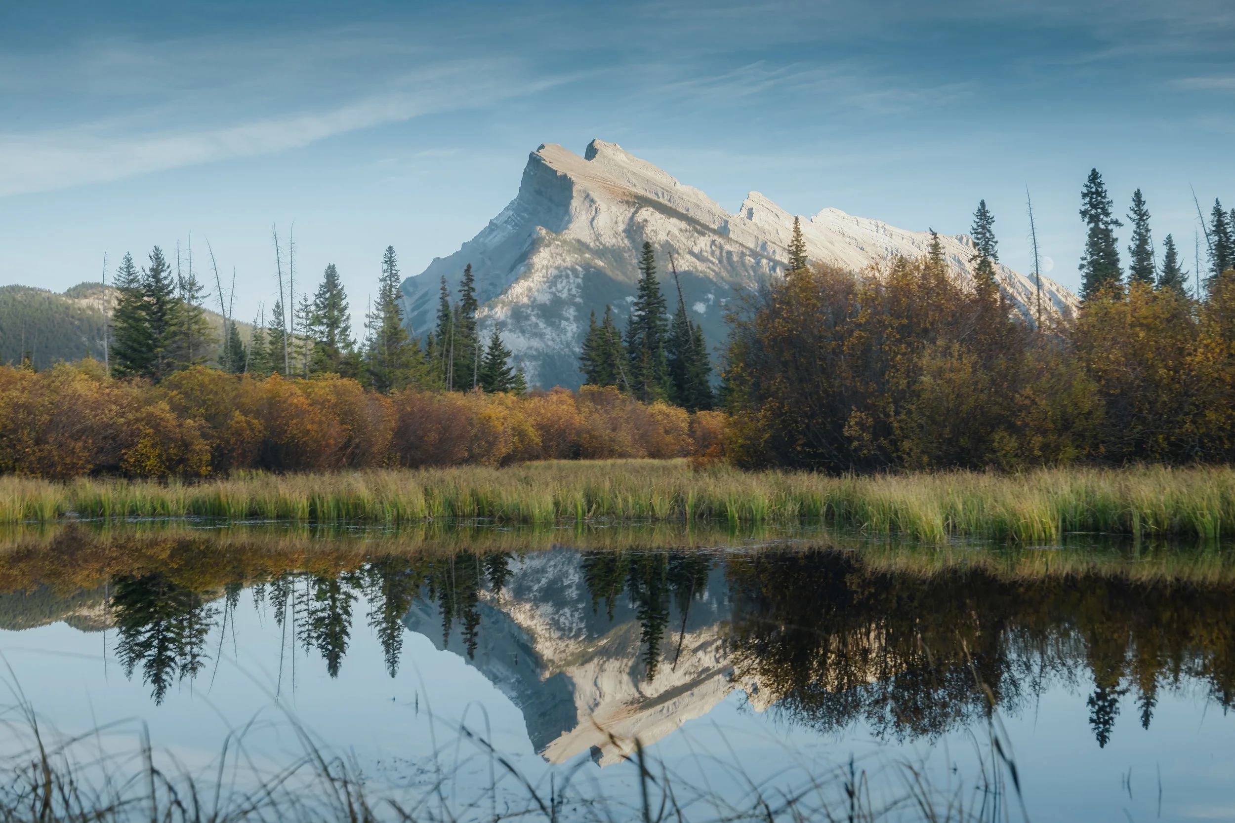 A mountain landscape with a snow-capped peak, surrounded by pine trees and autumn foliage, reflected in a calm body of water.