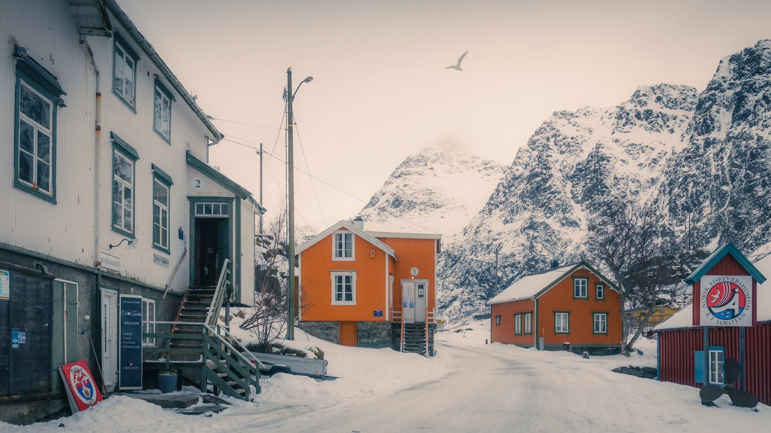 Snow-covered street with colorful houses, mountainous background, and a bird flying overhead.