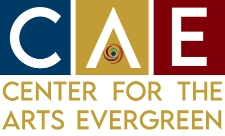 Logo with large letters C, A, E in colored squares, and the words Center for the Arts Evergreen below