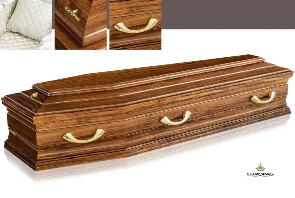 Siena coffin made from Mahogany with half moon shaped gold-colored metal handles. Close-ups include champagne satin interior, corner and side panel. Plain white background.