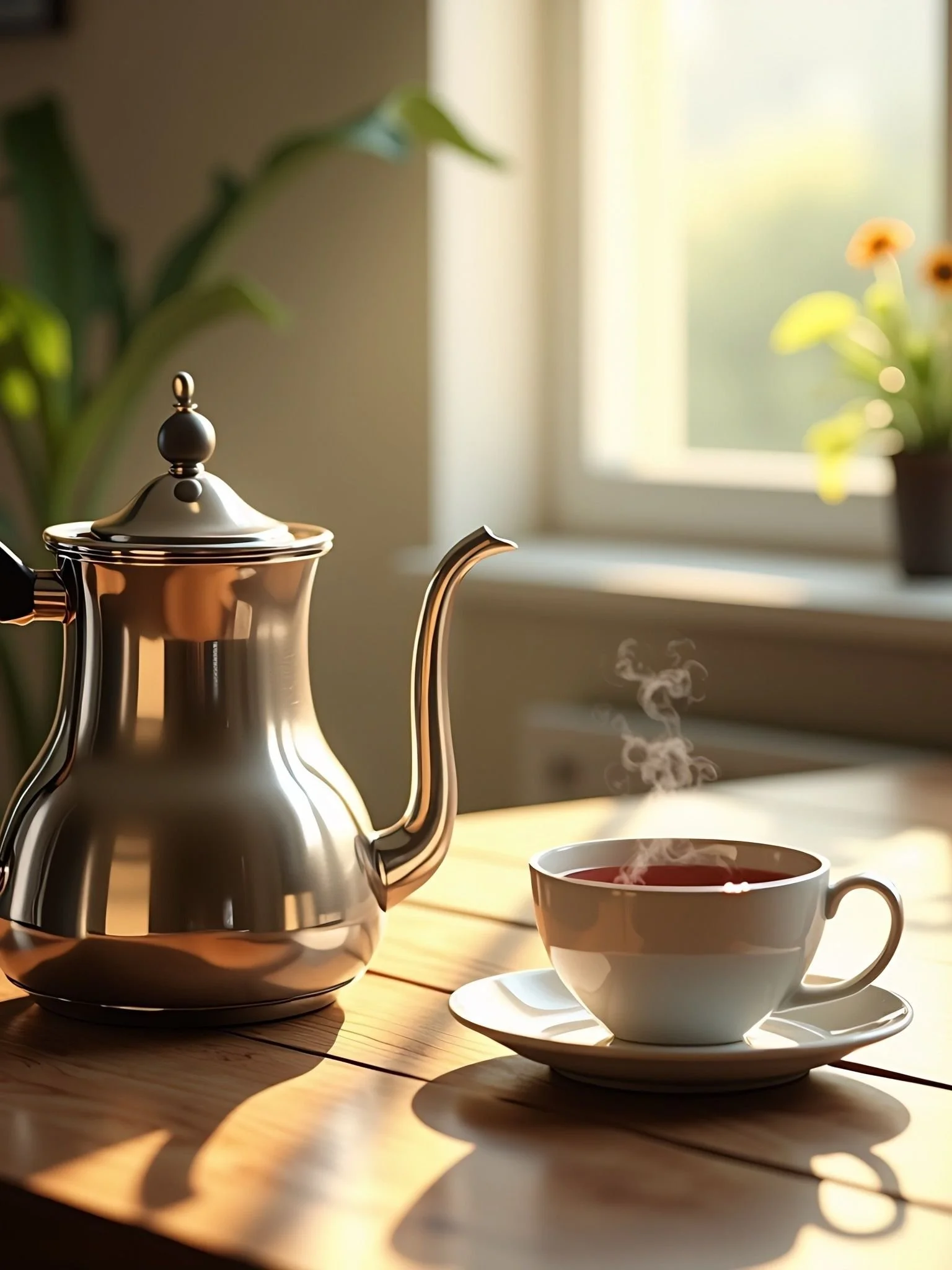 Teapot on table with steaming cup of tea