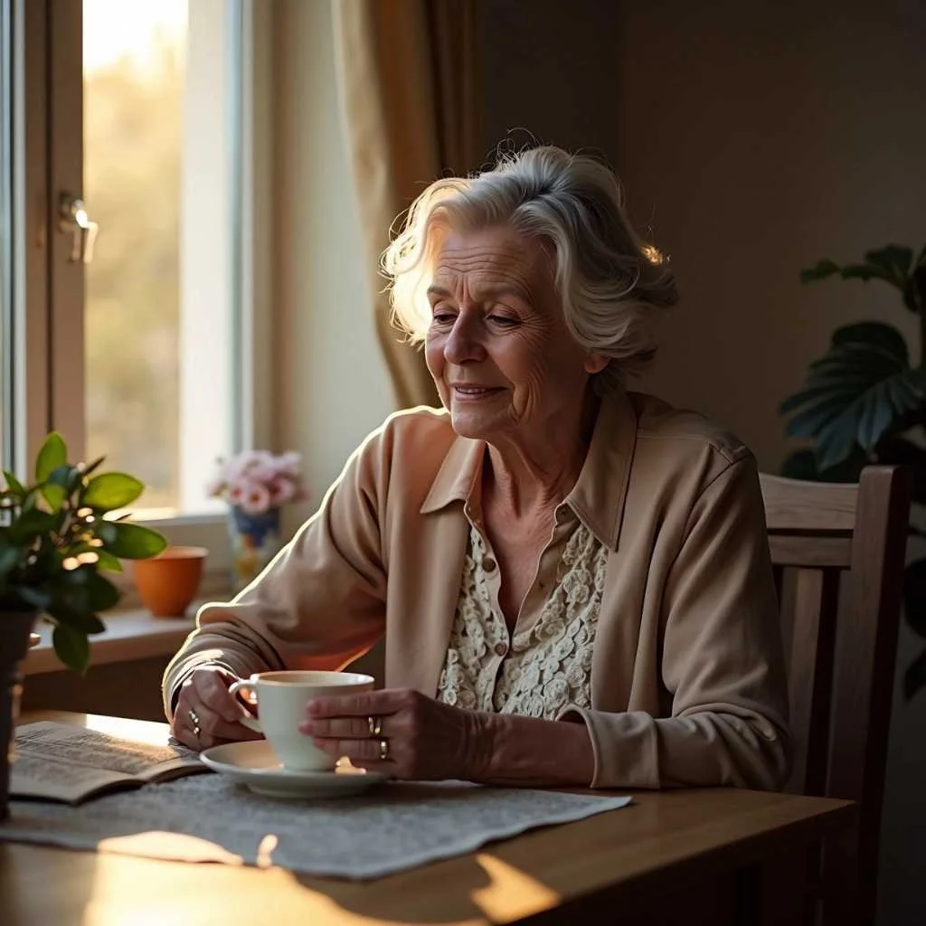 elderly lady having cup of tea