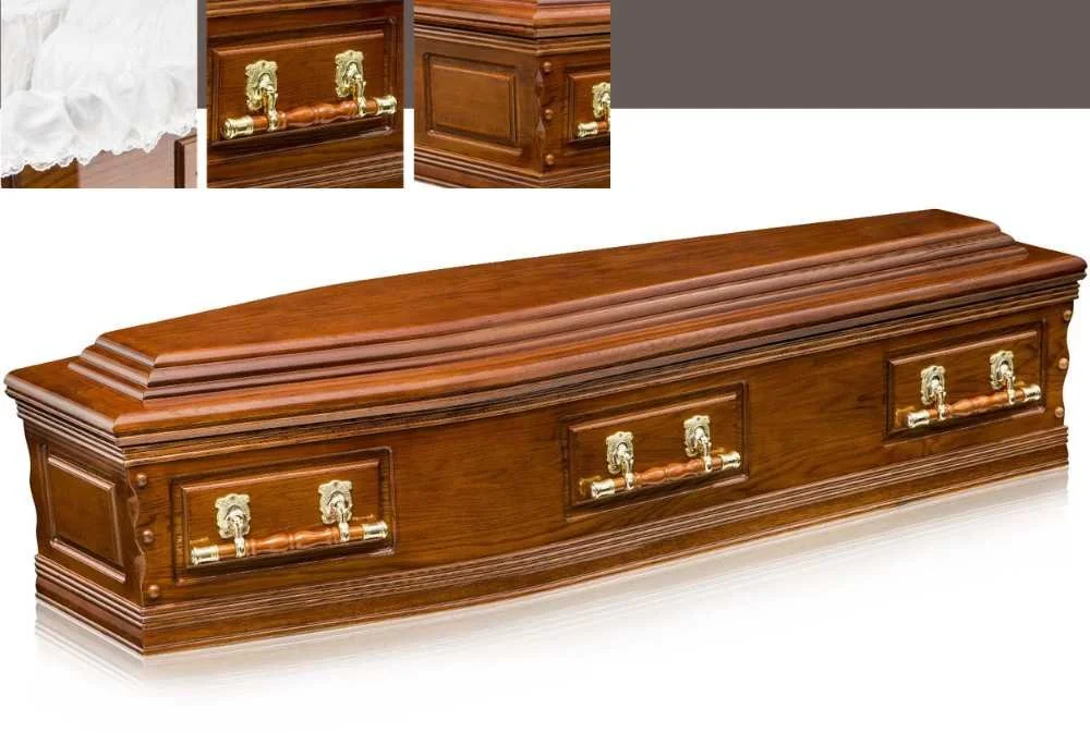 Denman coffin made from American Oak and with gold-coloured handles and triple raised lid, with silver handles. Close-ups include satin interior, corner and side panel. Plain white background.