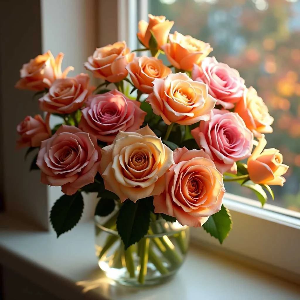 Roses in vase next to window with afternoon sun