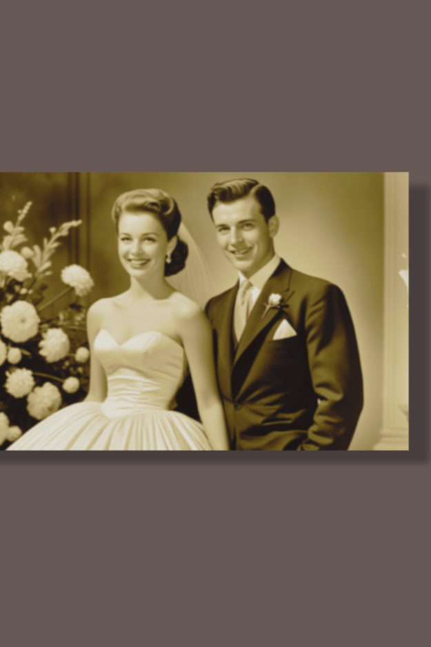 Slide of a black and white vintage wedding photo of a smiling bride and groom, dressed in wedding attire, standing beside a floral arrangement.