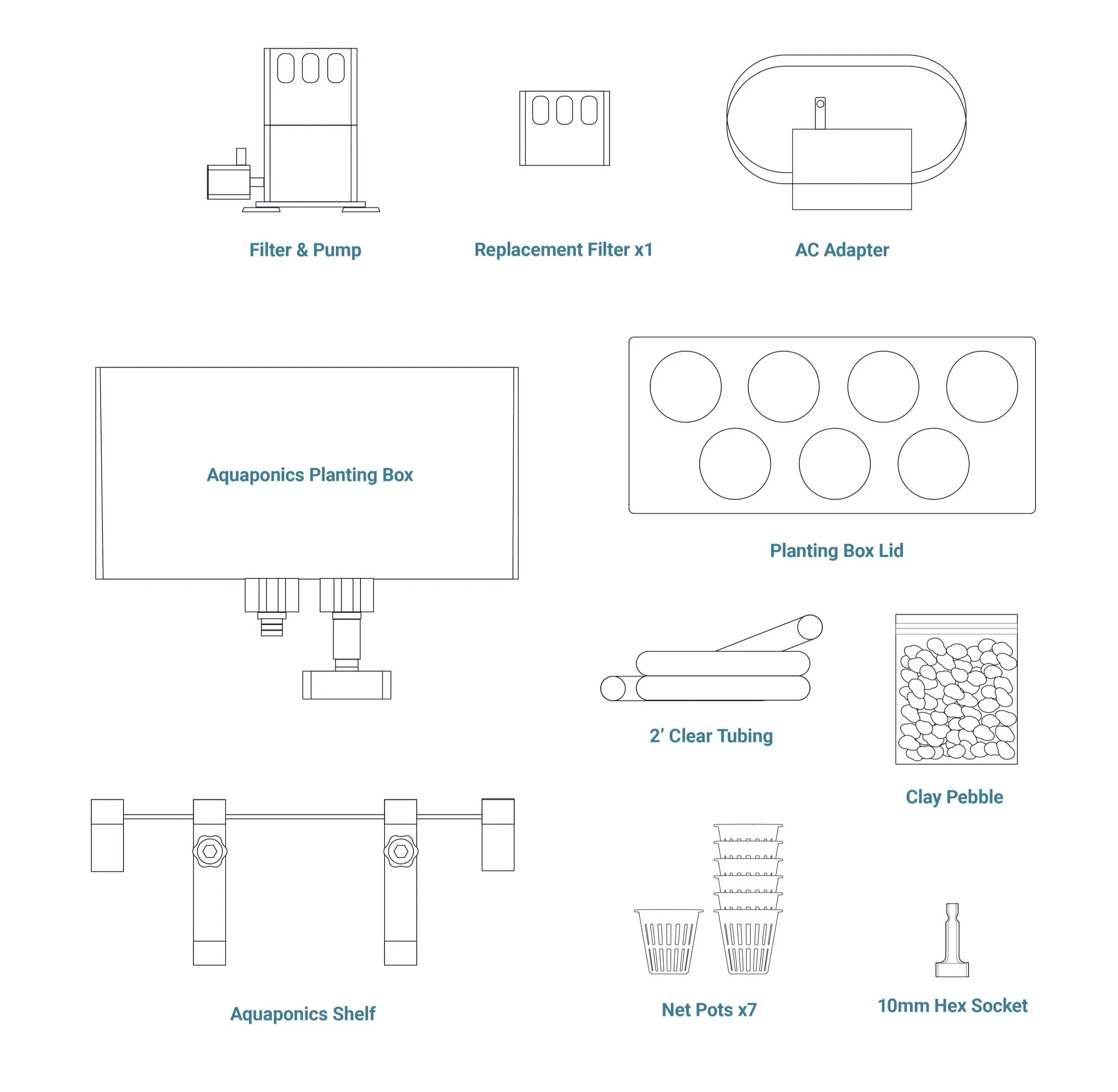 In-tank pump and filter cartridge  replacement filter cartridge  AC adapter  aquaponic planting box  planting box lid  mounting shelf  net pots x7  2 feet of clear tubing  bag of clay pebble  10mm hex bit