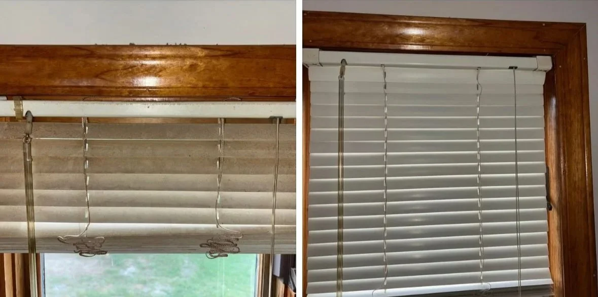 Side-by-side comparison of two window blinds, showing worn-out and cleaned blinds, framed with wood.