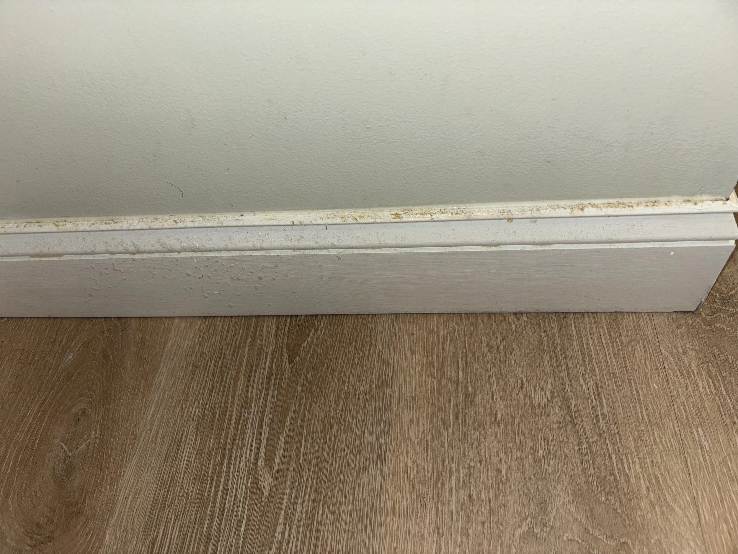 Close-up of a white baseboard with dirt and water stains, against a beige wall and hardwood floor.