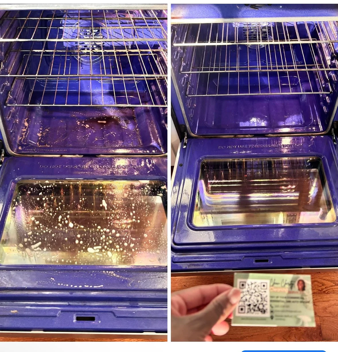 An open empty blue oven with a glass door, before and after cleaning, with a person holding a QR code and ID card in front of the second image.