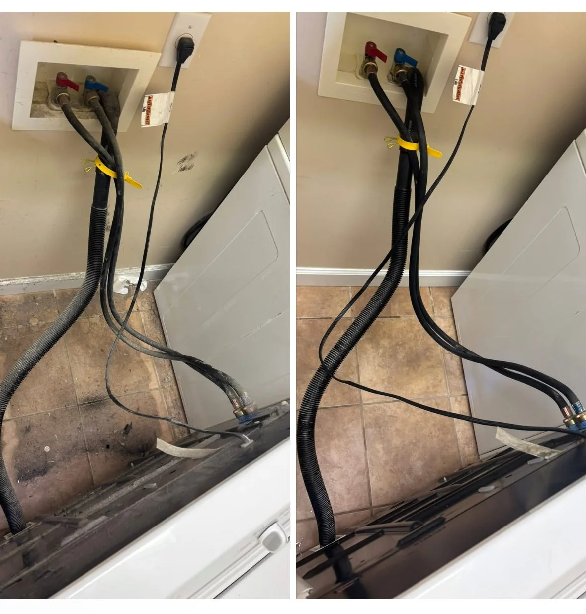 Side-by-side comparison of washer drainage area before and after cleaning, showing washing machine hoses, electrical outlet, and wall with floor tiles.