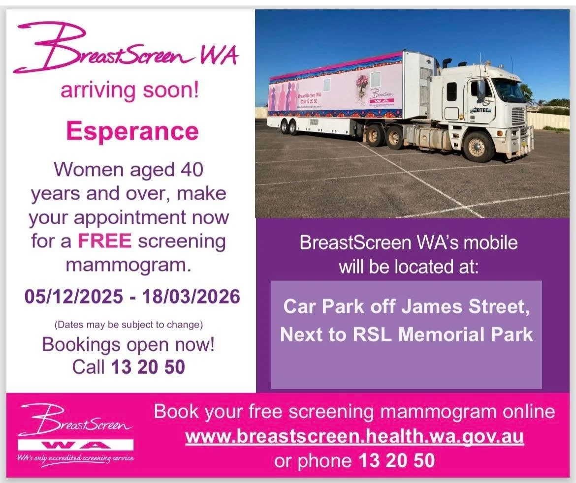 Check yourself ladies. 

BreastScreen is coming to soon, book your appointment below! 

https://www.breastscreen.health.wa.gov.au/Breast-screening/Making-an-appointment/Book-Online
