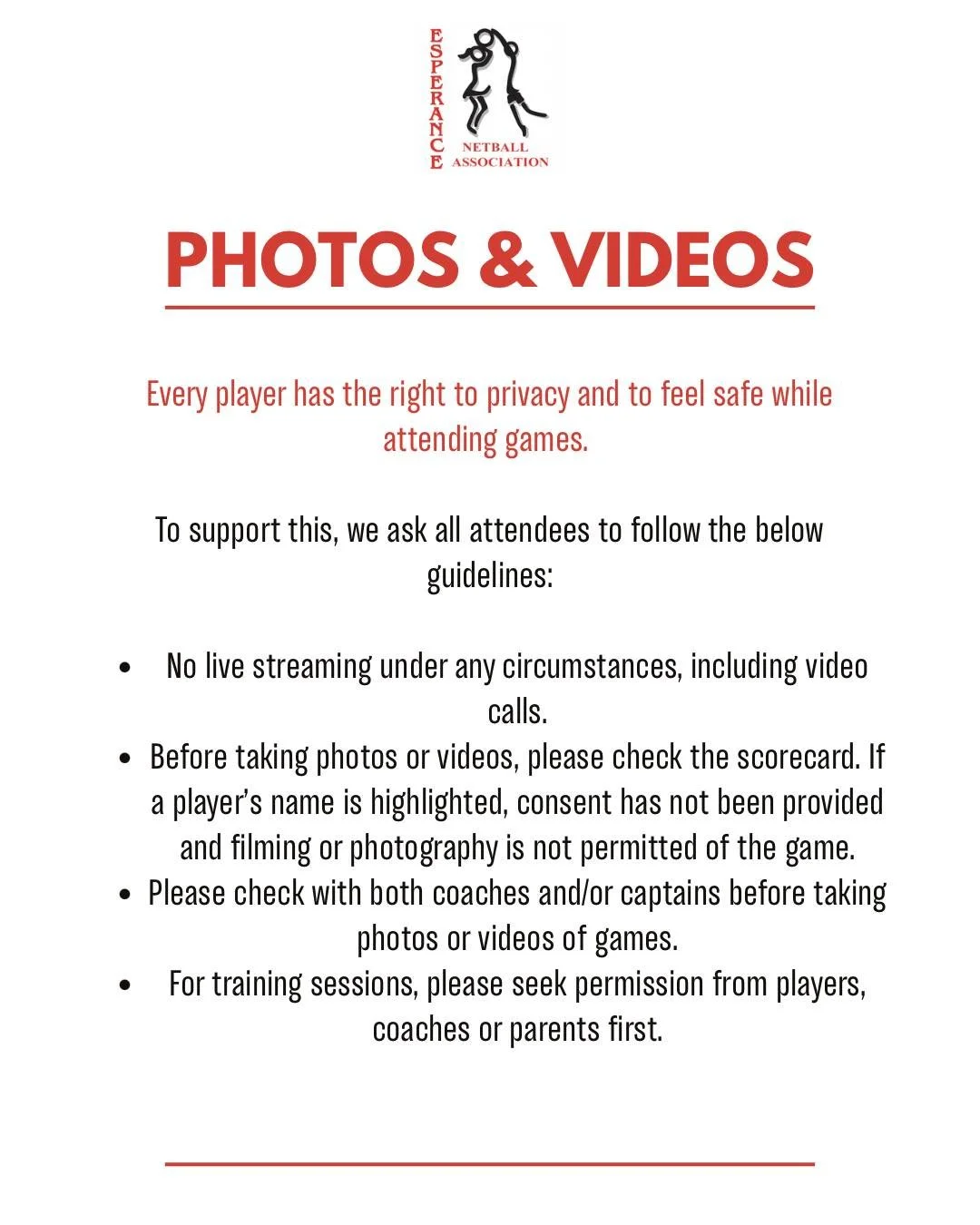 Every player has the right to privacy and to feel safe while attending games. To support this, we ask all attendees to follow the below guidelines. 

For more: 
See the link in our bio