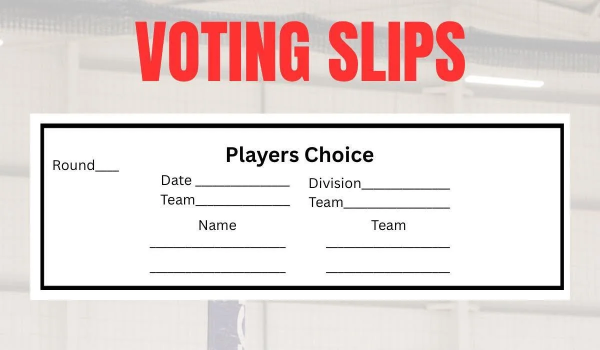 VOTING SLIPS &amp; SCORE CARDS

If you&rsquo;re  filling in a voting slip (or score card)  either as a player or umpire please ensure players full names are used. 

Simply writing &ldquo;The GK&rdquo; or &ldquo;Shooter&rdquo; on a voting slip isn&rsq