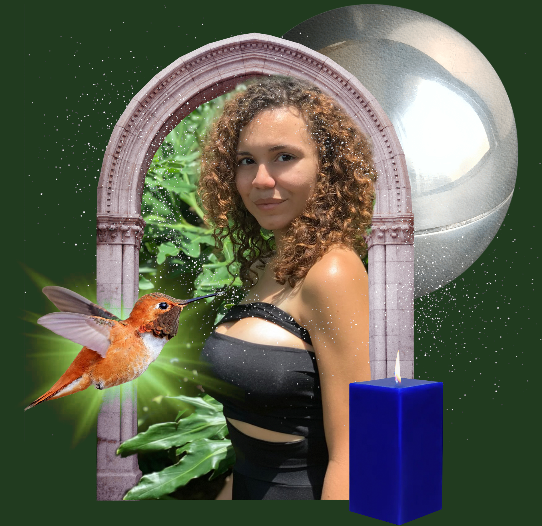 A multi-racial woman with curly hair smiling, standing in front of a garden archway with green plants, surrounded by a decorative frame with a blue candle and a hummingbird at the bottom left corner.