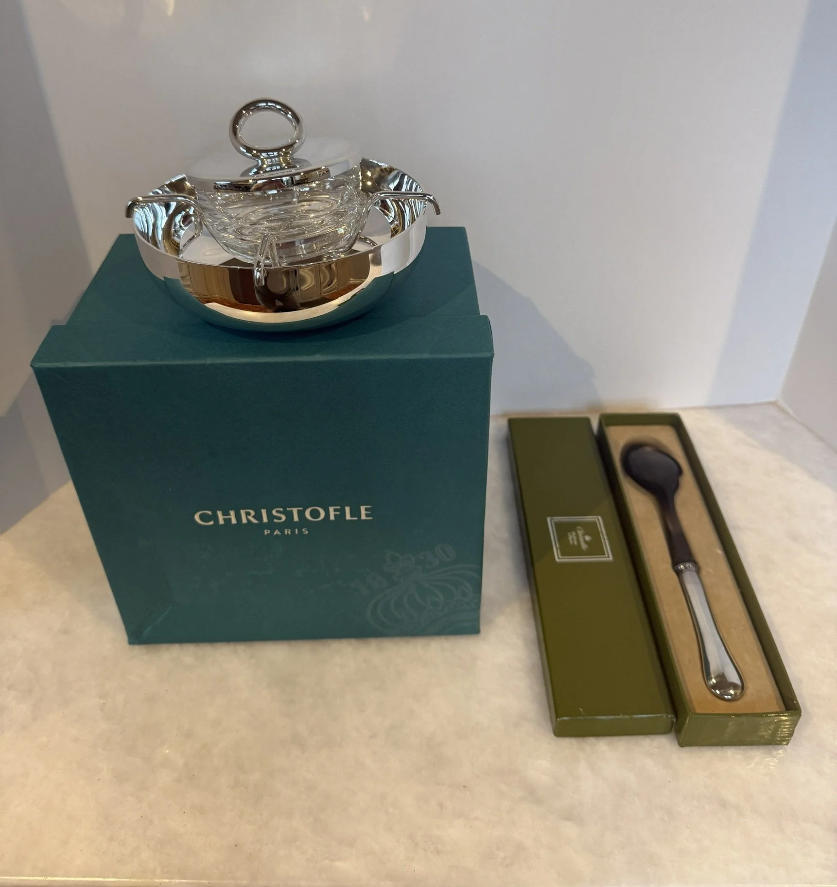 CHRISTOFLE CAVIAR BOWL AND HORN/SILVERPLATE SPOON - NEW IN BOXES - SOLD 