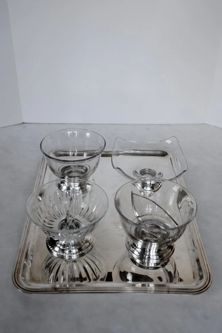 CRYSTAL BOWLS WITH STERLING RIM ON CHRISTOFLE TRAY - ALL ITEMS SOLD SEPARATELY 