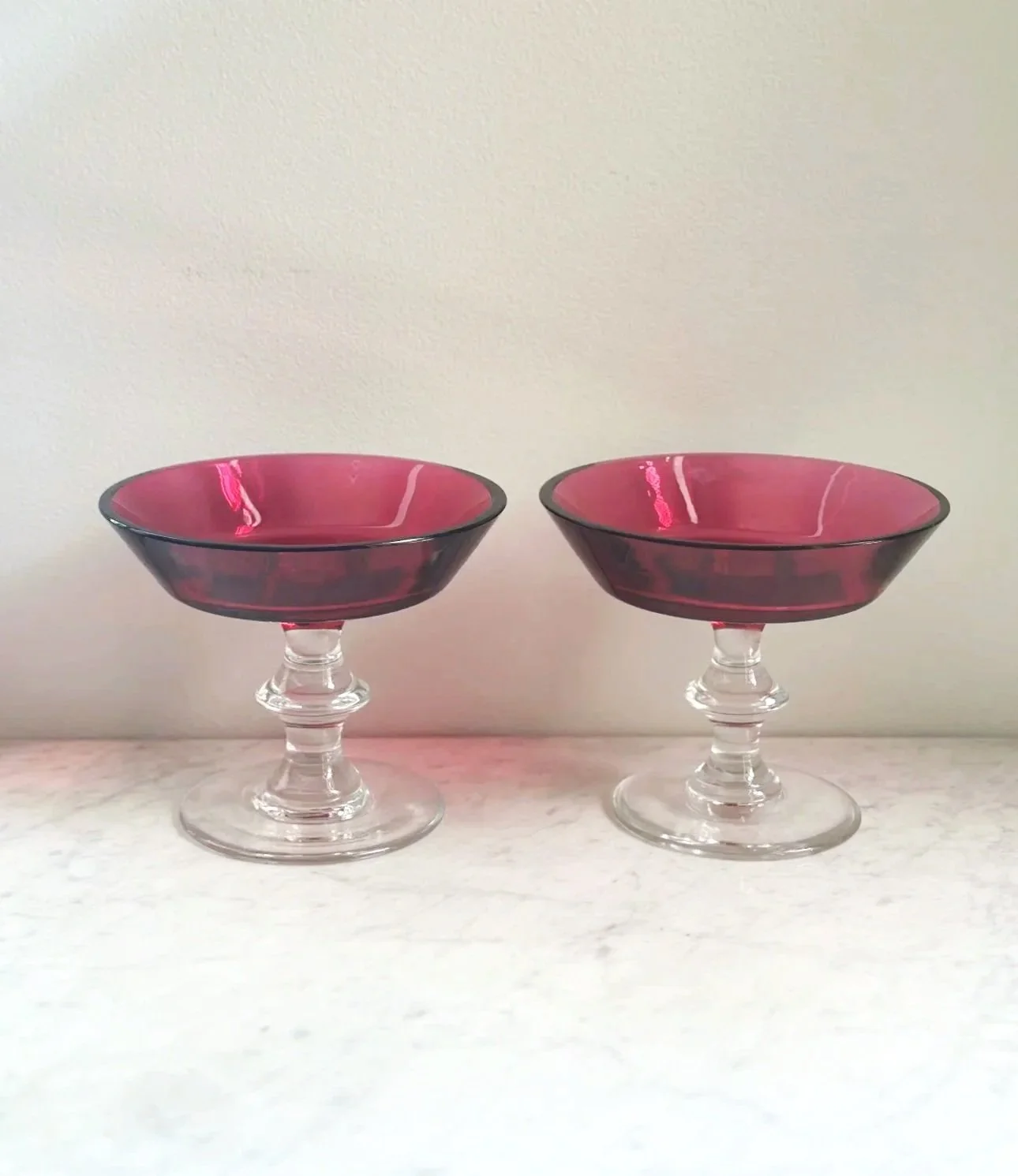 VAL ST. LAMBERT CRANBERRY CRYSTAL GLASS PEDESTAL BOWLS - SOLD