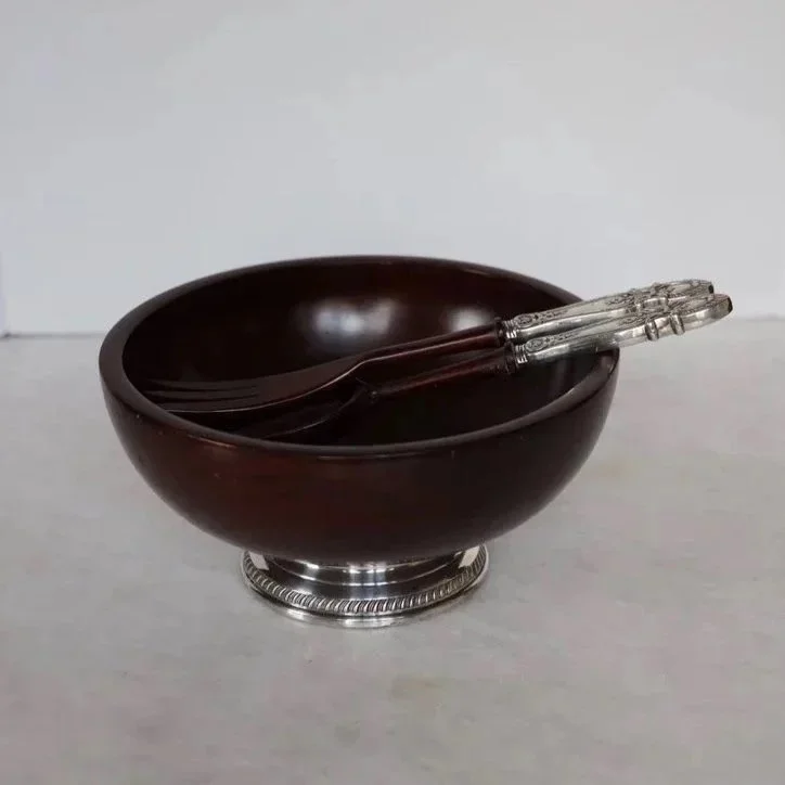 MAHOGANY SALAD BOWL WITH STERLING HANDLES AND RIM