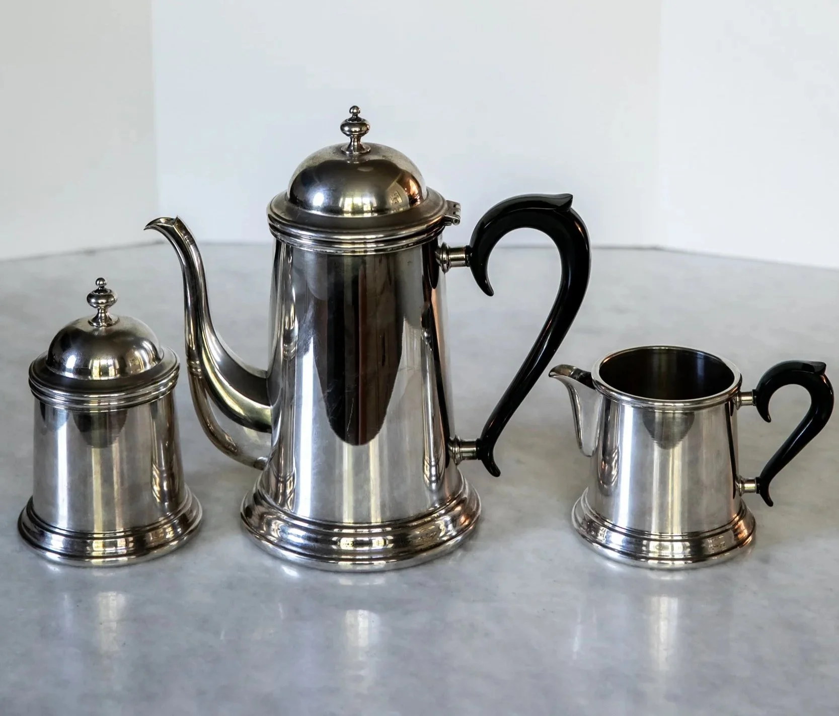 SILVER PLATE COFFEE POT, SUGAR BOWL, AND CREAMER