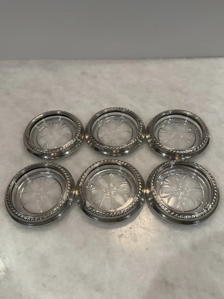 VINTAGE SET OF F.B. ROGERS COASTERS - STERLING RIM WITH CRYSTAL SUNBURST CENTER - SOLD