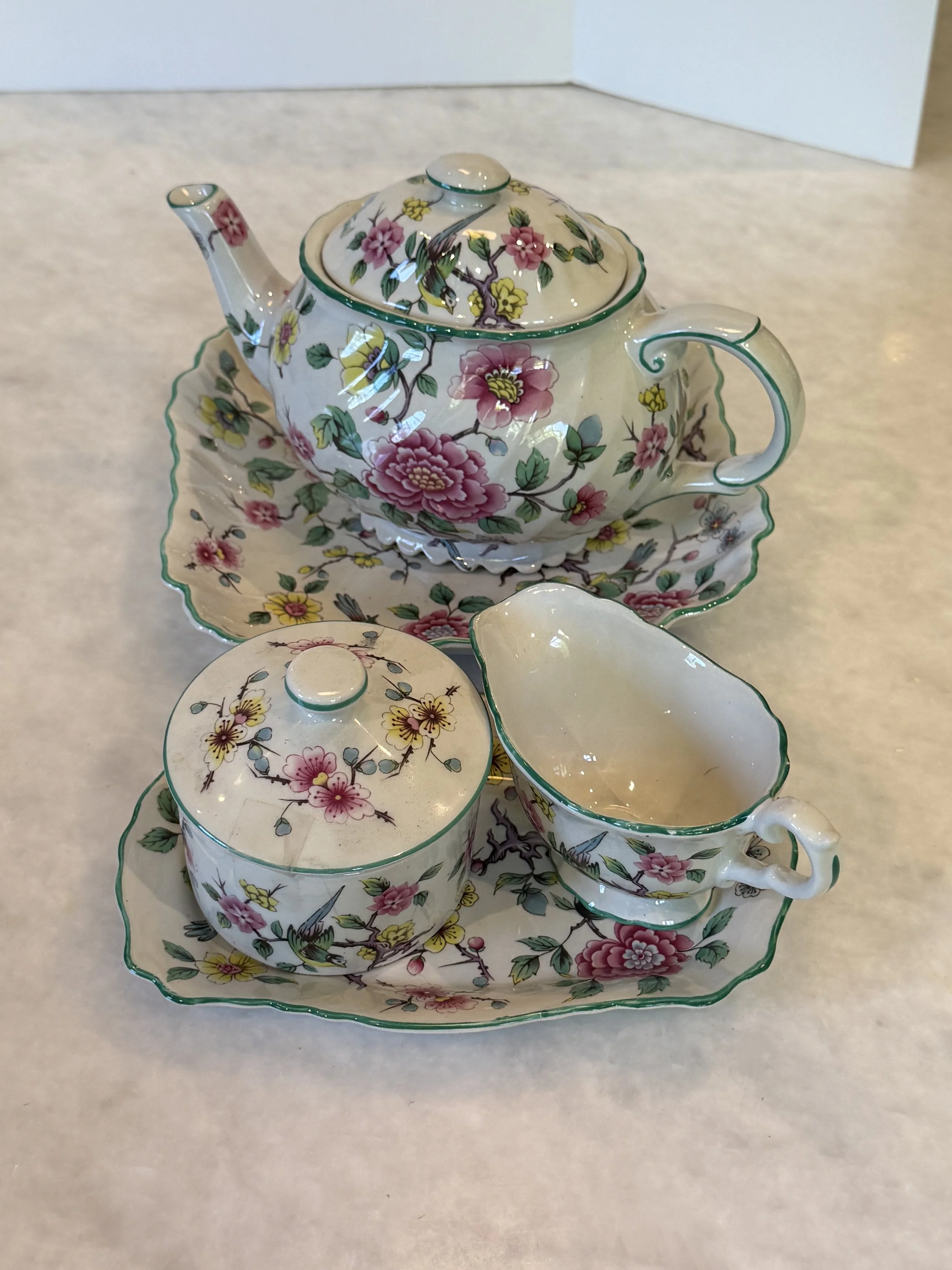 James Kent Old Foley "Chinese Rose" Porcelain Tea Set (Teapot, Sugar, Milk, 2 Trays) from England 