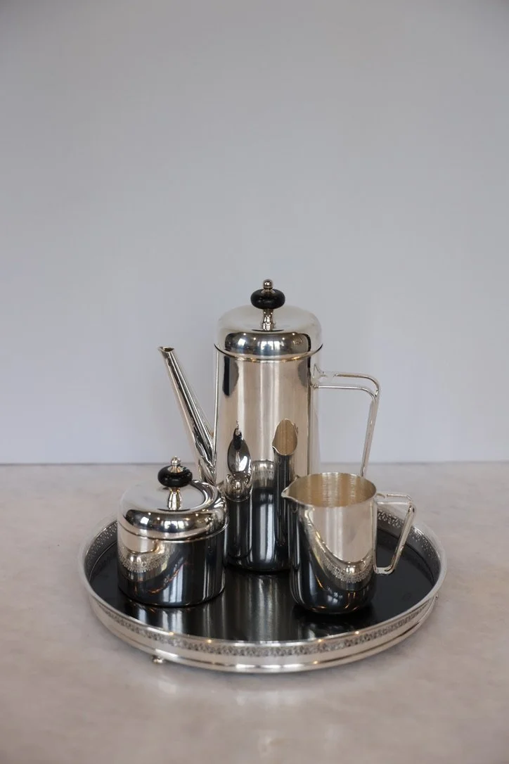 VINTAGE ITALIAN COFFEE, CREAMER AND SUGAR SET IN SILVERPLATE - SOLD 