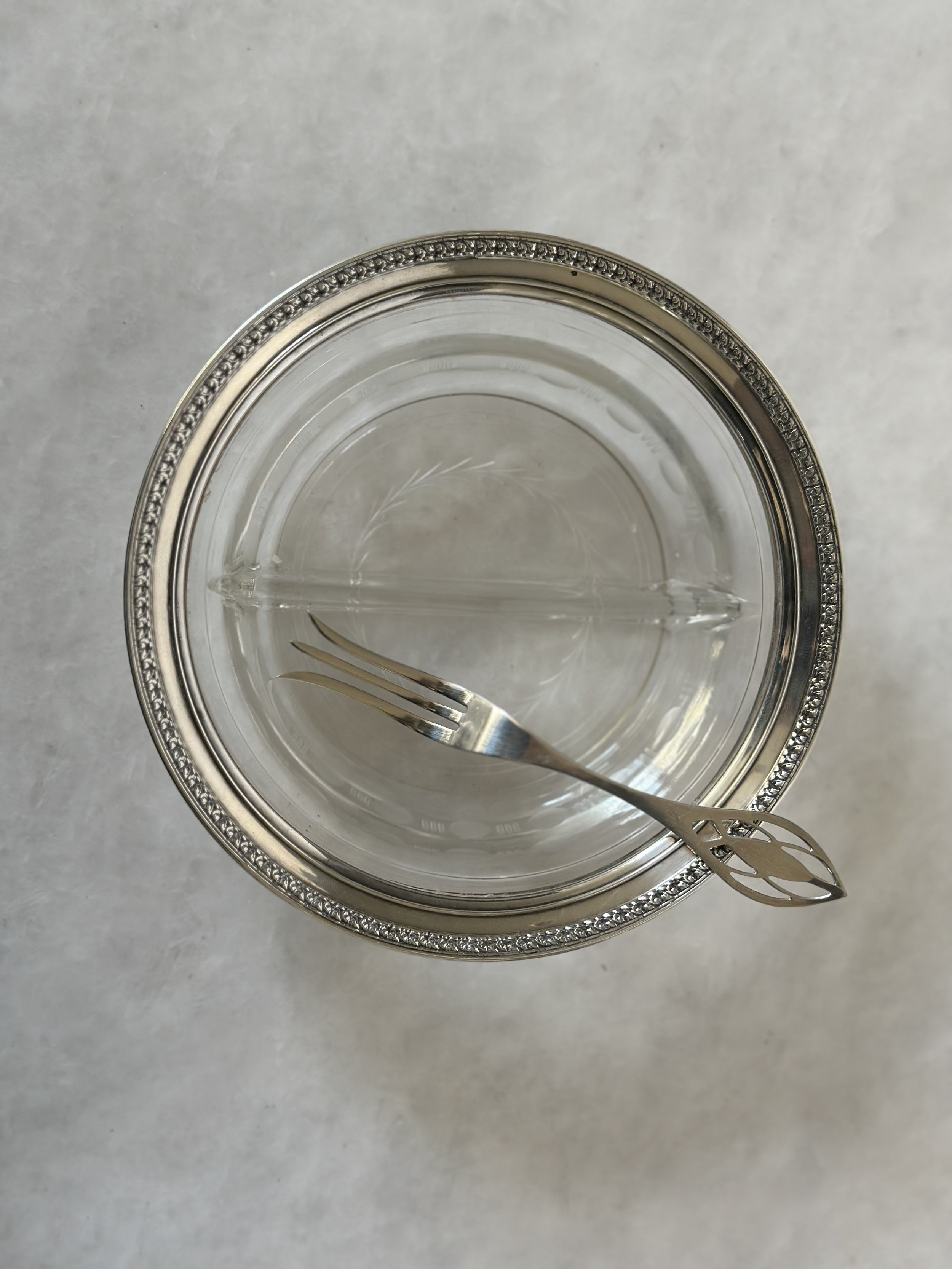 CRYSTAL AND STERLING RELISH OR OLIVE TRAY WITH FORK 