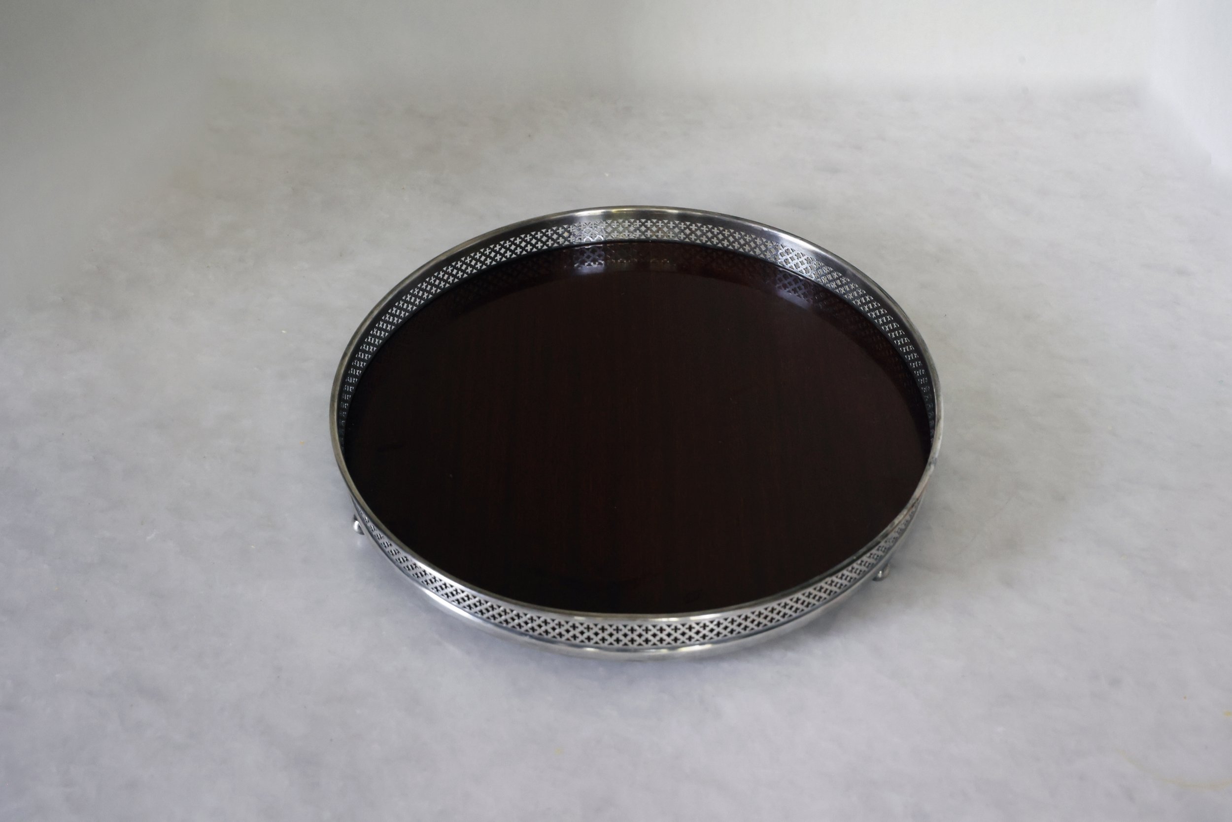 PIERCED WOODEN CENTER 
SILVERPLATE TRAY 