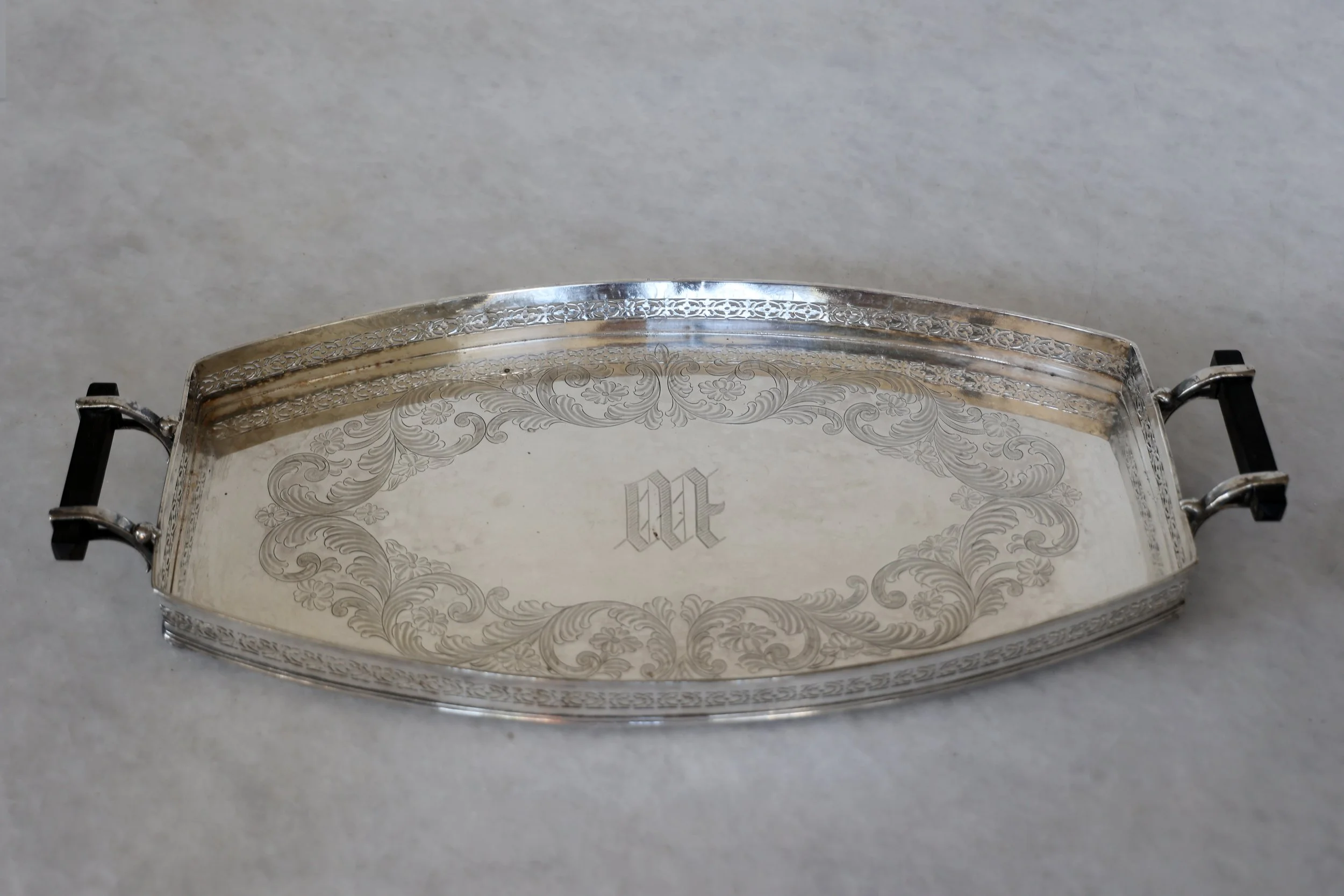VINTAGE TRAY WITH MONOGRAM AND BLACK HANDLES - SOLD 
