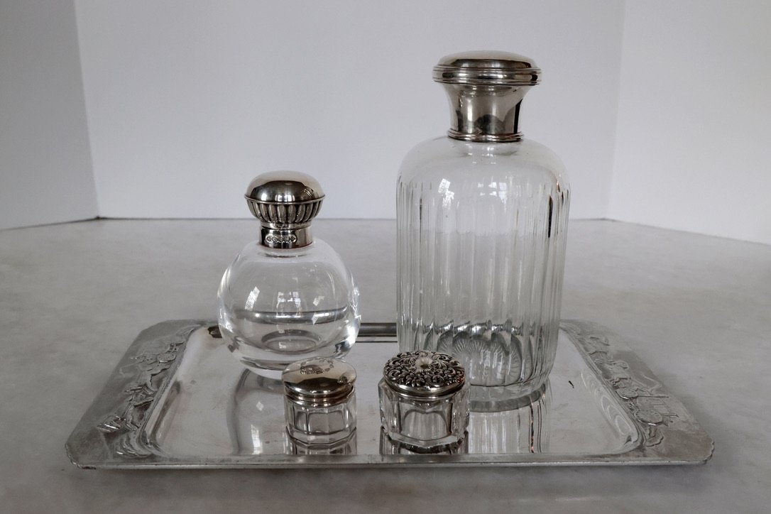 BATHROOM VANITY SET WITH CRYSTAL BOTTLES AND STERLING TOPS