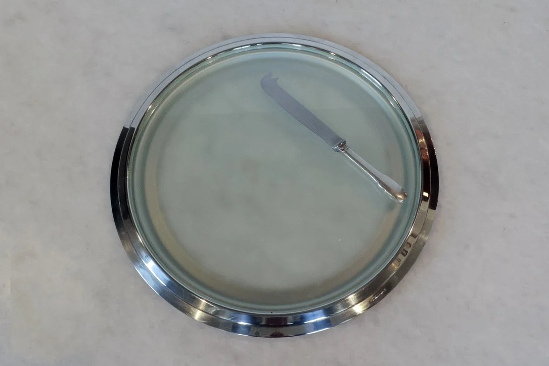 VINTAGE CHRISTOFLE CHEESE PLATE WTIH GREEN GLASS AND CHRISTOFLE KNIFE 