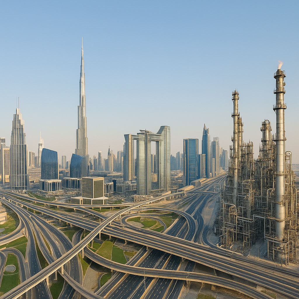 A cityscape featuring the Burj Khalifa, modern skyscrapers, and a complex highway interchange in Dubai.