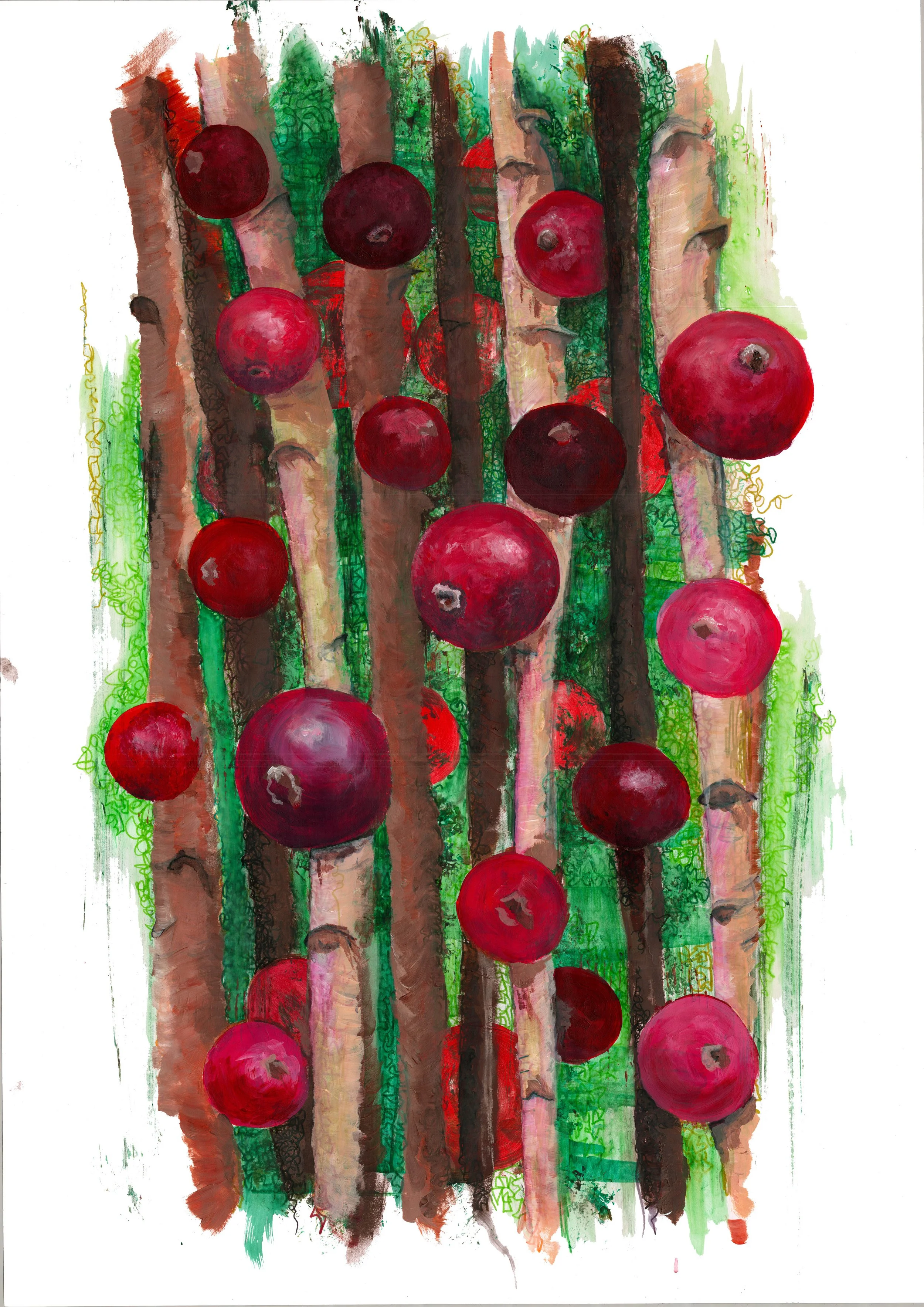 A colorful illustration of apples hanging on tree branches with green foliage and a watercolor-like background.