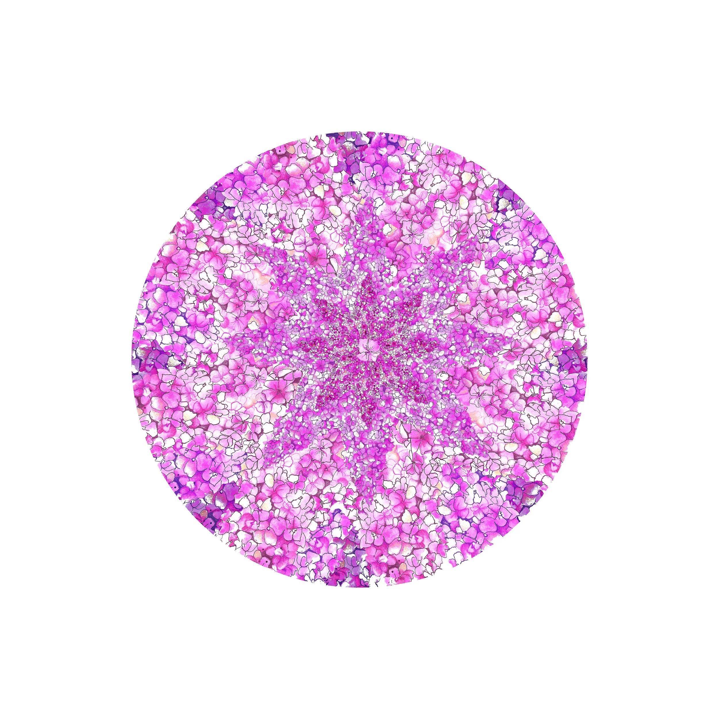 A circular mosaic pattern made up of numerous small pink, purple, and white flowers.