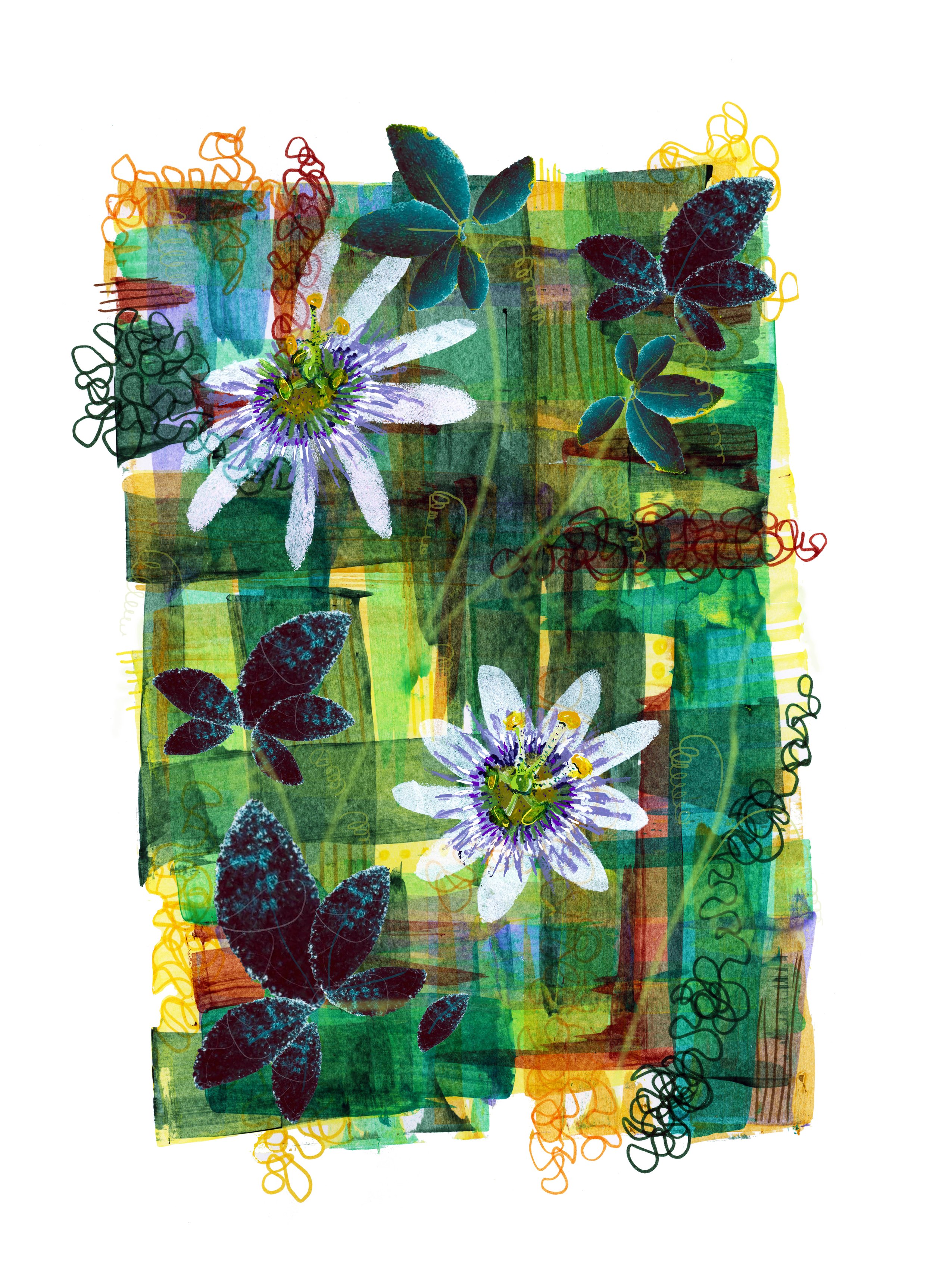 An abstract digital artwork featuring white and purple passionflower blooms, dark leafy foliage, and colorful layered backgrounds with scribbled and grid elements.