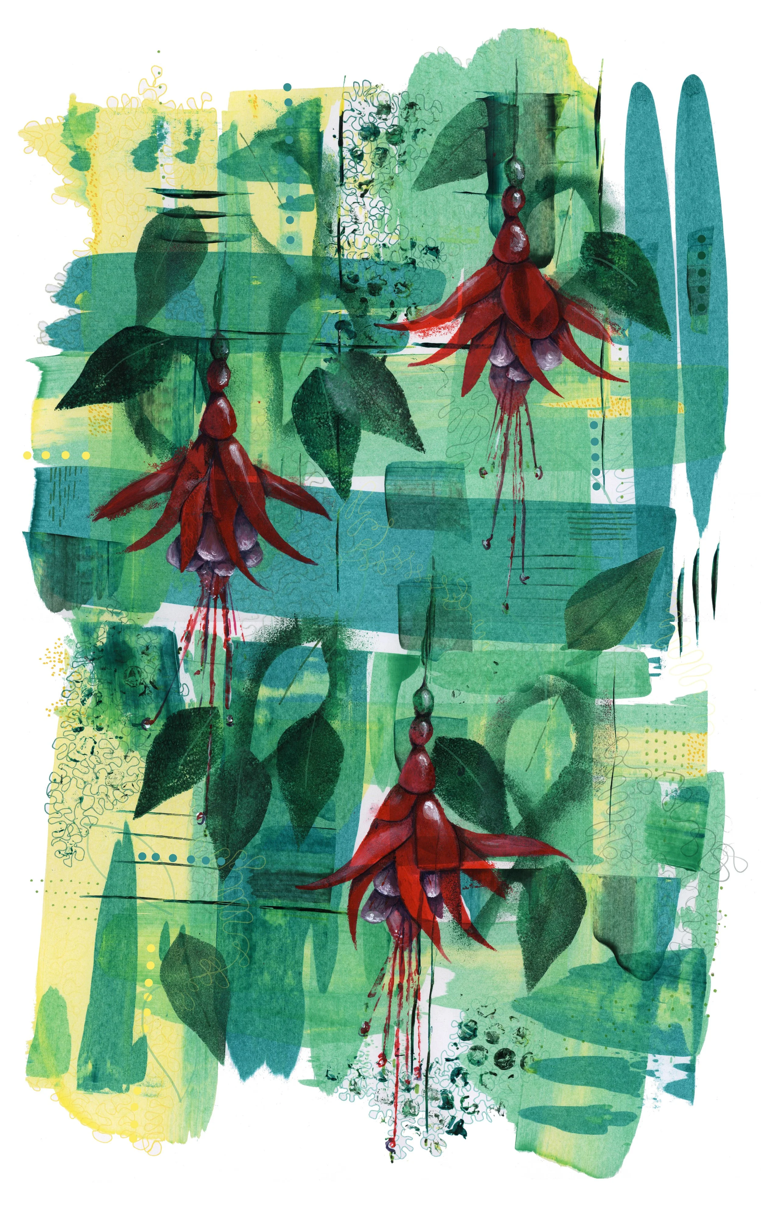 Watercolor painting of hanging red fuchsia flowers with green leaves and abstract background in various shades of green and yellow.