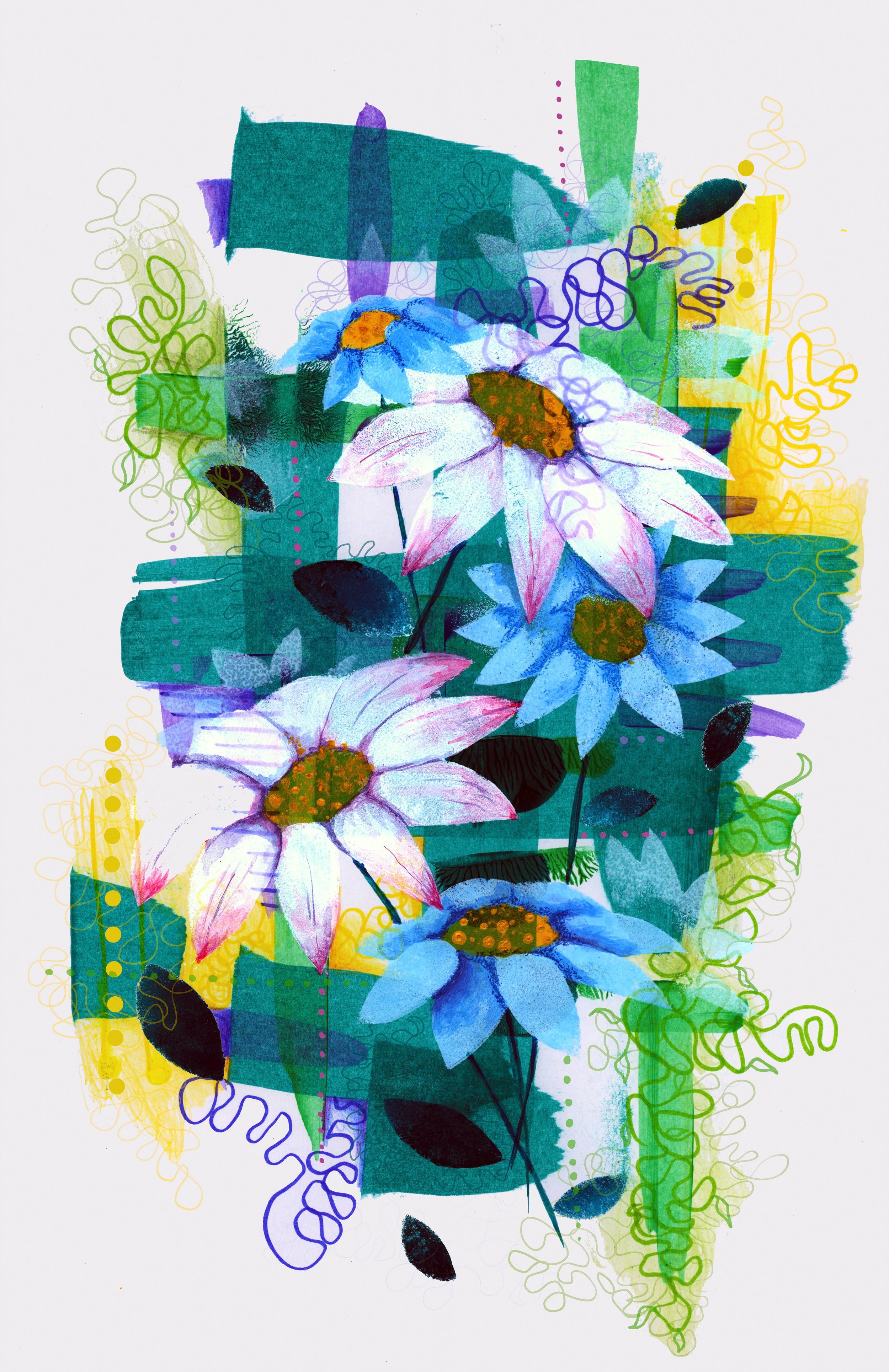 Abstract digital artwork of pink and blue daisy flowers with yellow centers, surrounded by colorful geometric shapes, scribbles, and foliage elements.