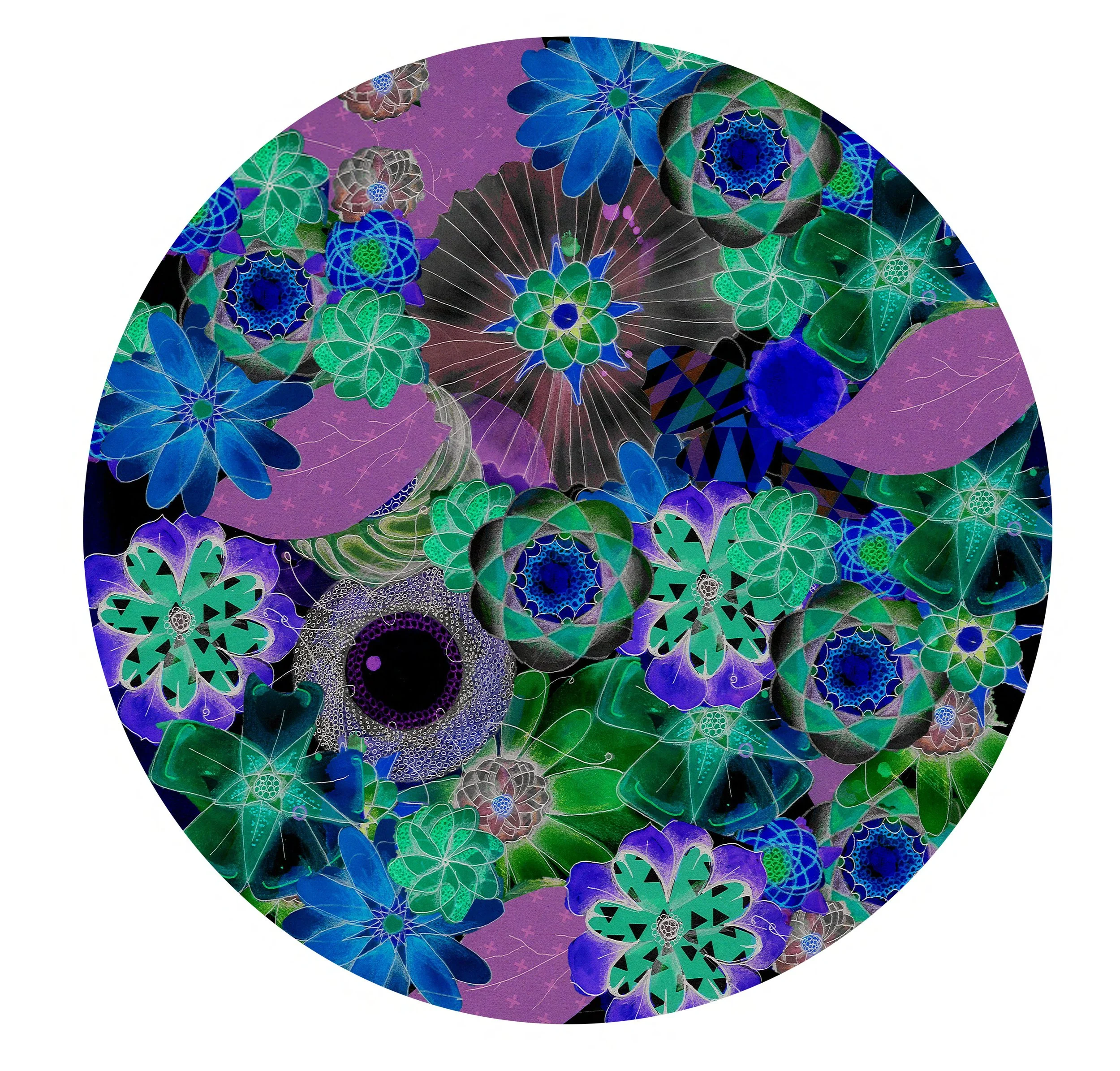 Abstract circular design featuring vibrant floral patterns in shades of blue, green, and purple. The image consists of overlapping shapes and intricate details creating a kaleidoscope-like effect.