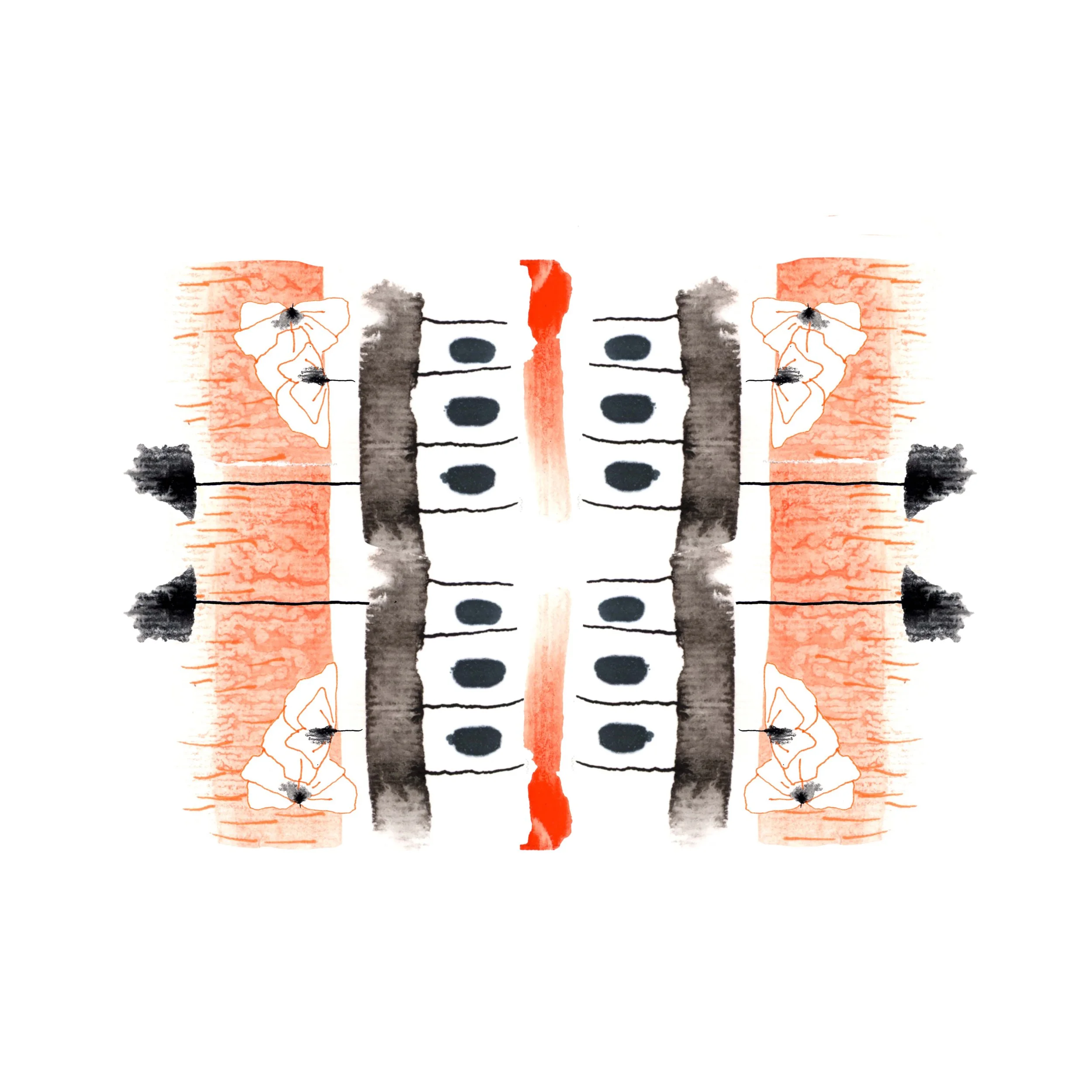 Abstract watercolor illustration with symmetrical design in shades of black, gray, and red.