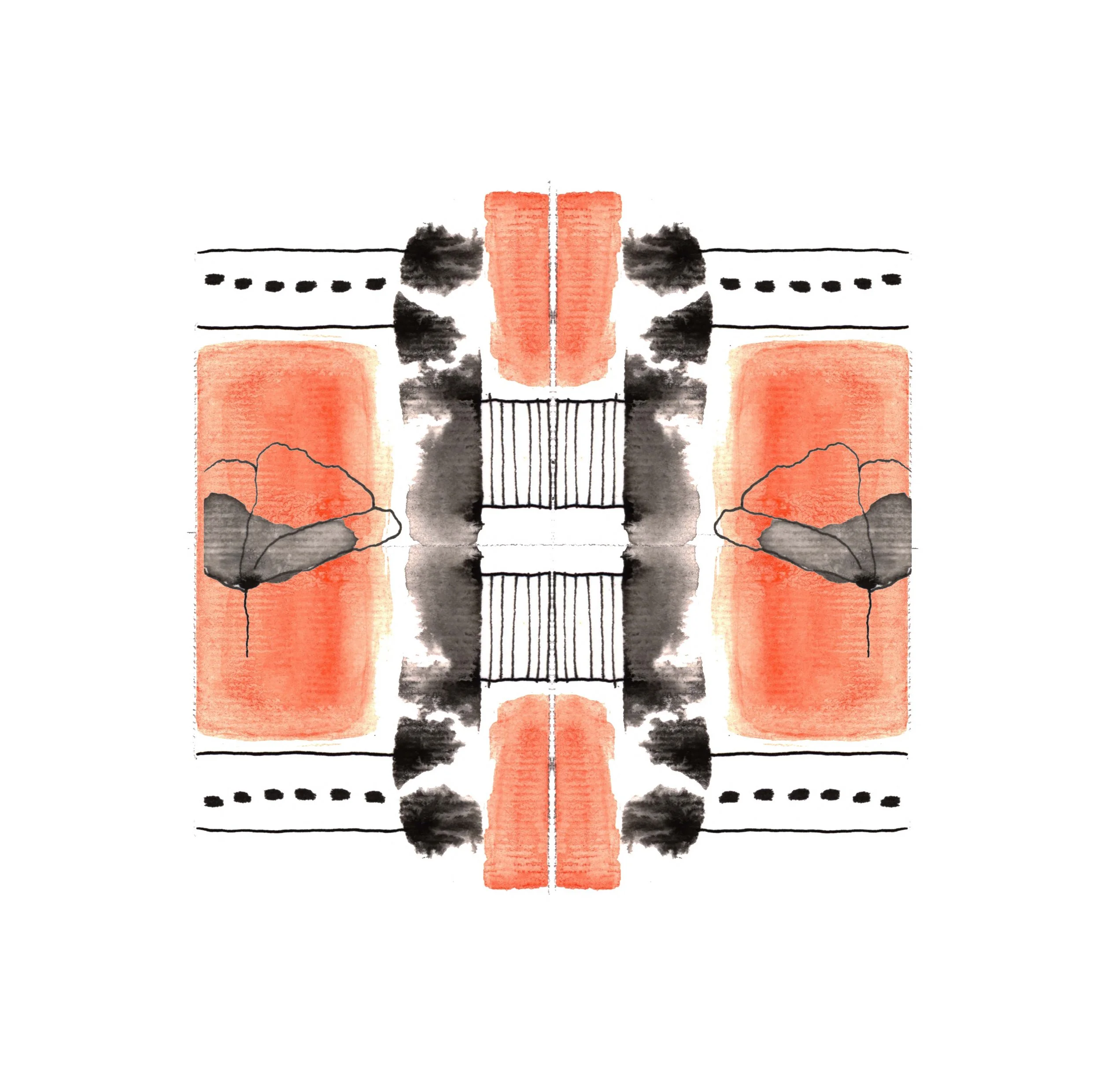 Symmetrical watercolor abstract pattern with orange rectangles, black and gray clouds, and black horizontal lines on white background.