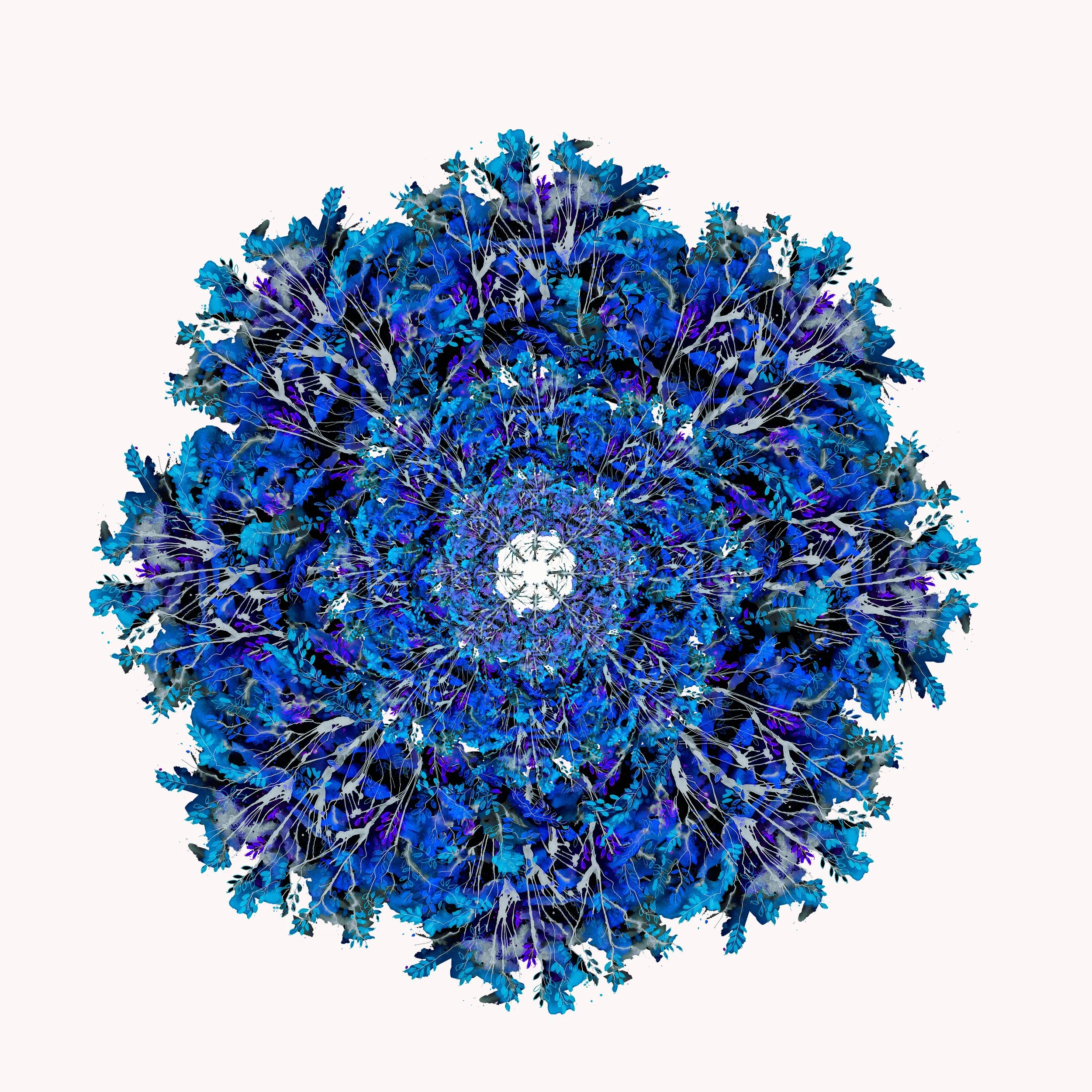 A digitally created, circular mandala with intricate leaf and branch patterns in shades of blue and purple, radiating from a white center.