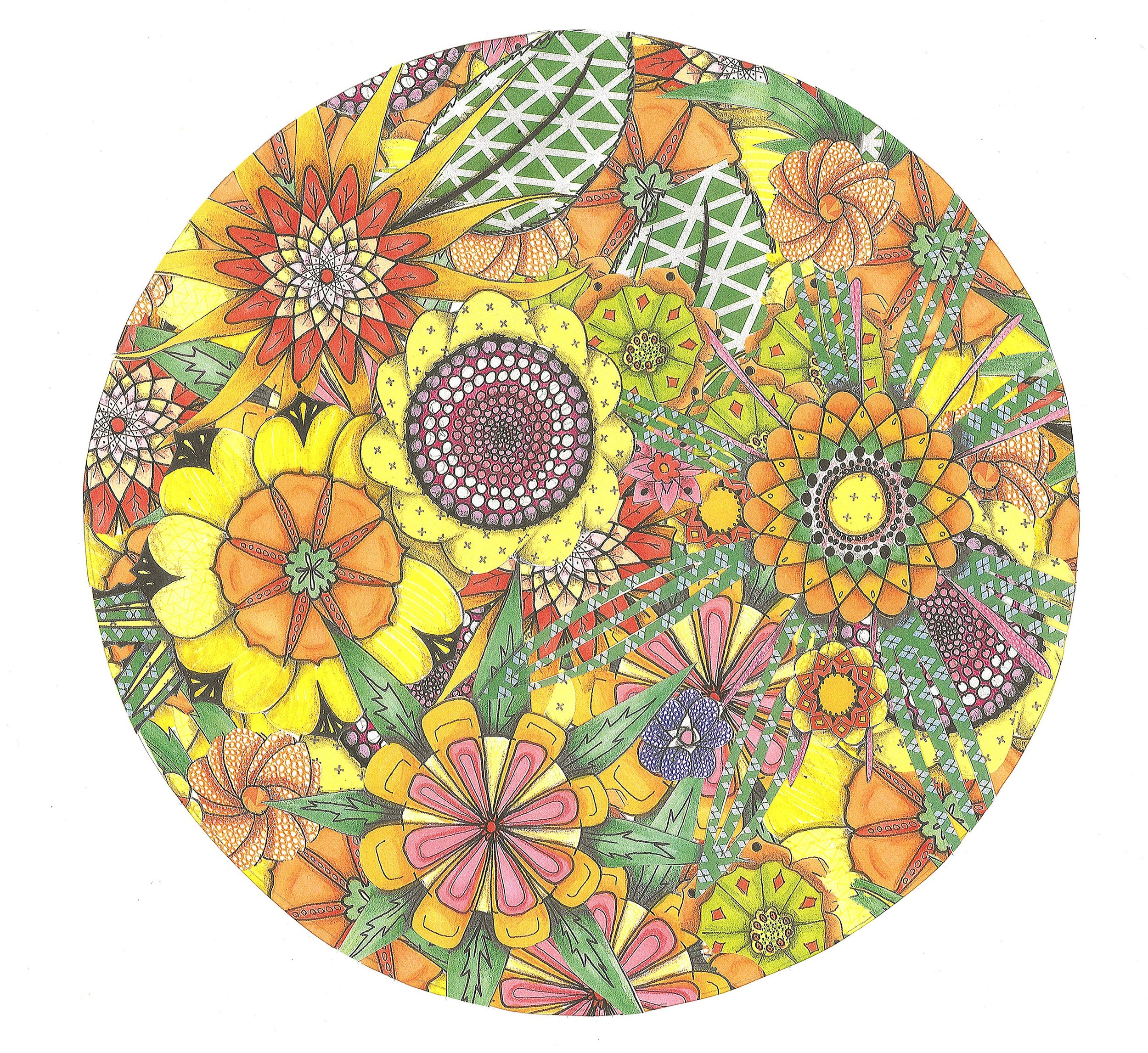 Colorful design featuring intricate floral patterns and geometric shapes in yellow, green, orange, and pink hues.