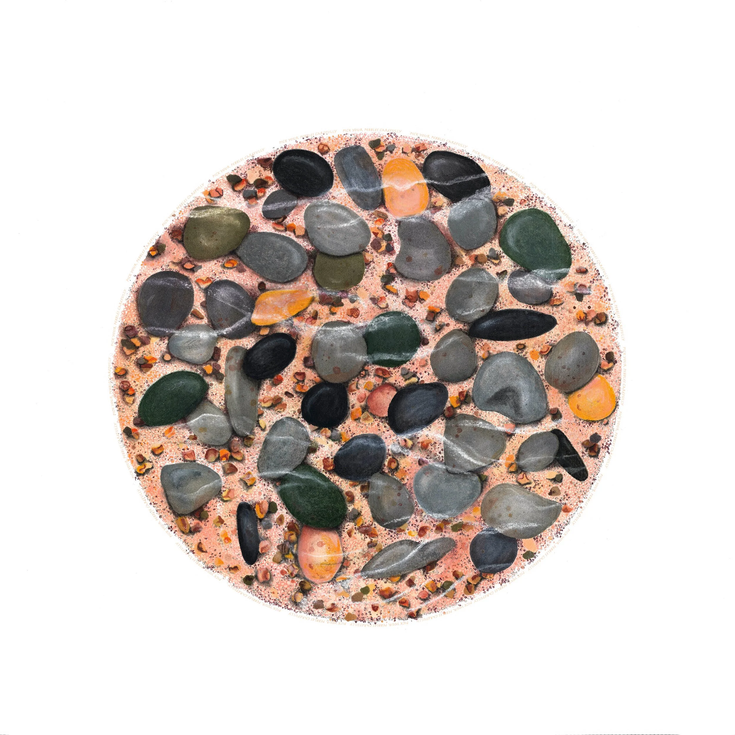 A circular assortment of multicolored smooth pebbles on a sandy surface.